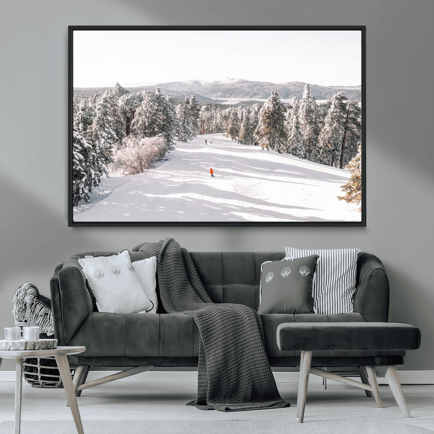 62119206-MGV-CV-36X24-Snowy Trail Wall Art Canvas Print, Framed Ski Slope Art Picture Print, Winter Pines Perfect Alpine Adventure Decor Artwork