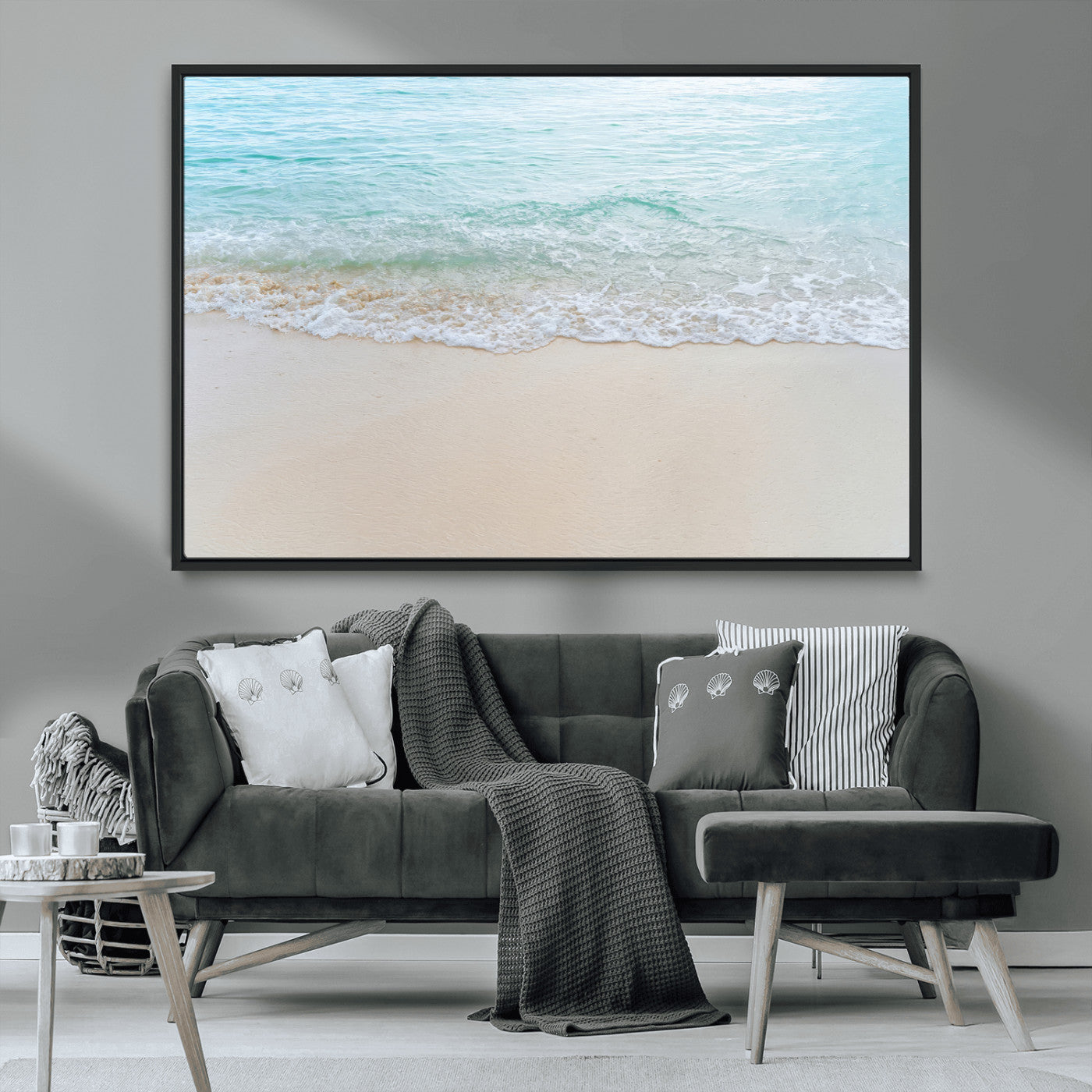 77194056-MGV-CV-36X24-Soft Shoreline Wall Art Canvas Print, Framed Gentle Waves Art Picture Print, Clear Water Perfect Minimalist Coastal Decor Artwork
