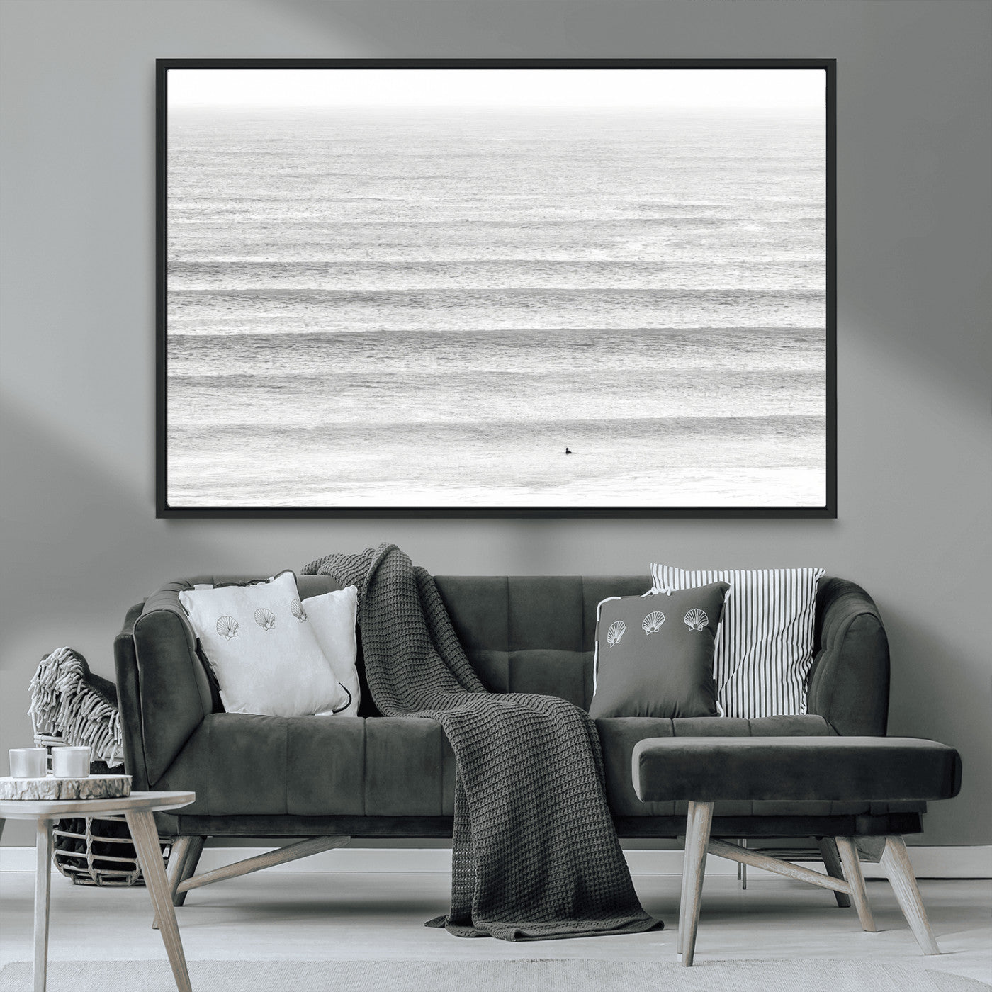 66534476-MGV-CV-36X24-Lone Surfer Wall Art Canvas Print, Framed Ocean Waves Art Picture Print, Minimal Sea Perfect Minimal Coastal Decor Artwork