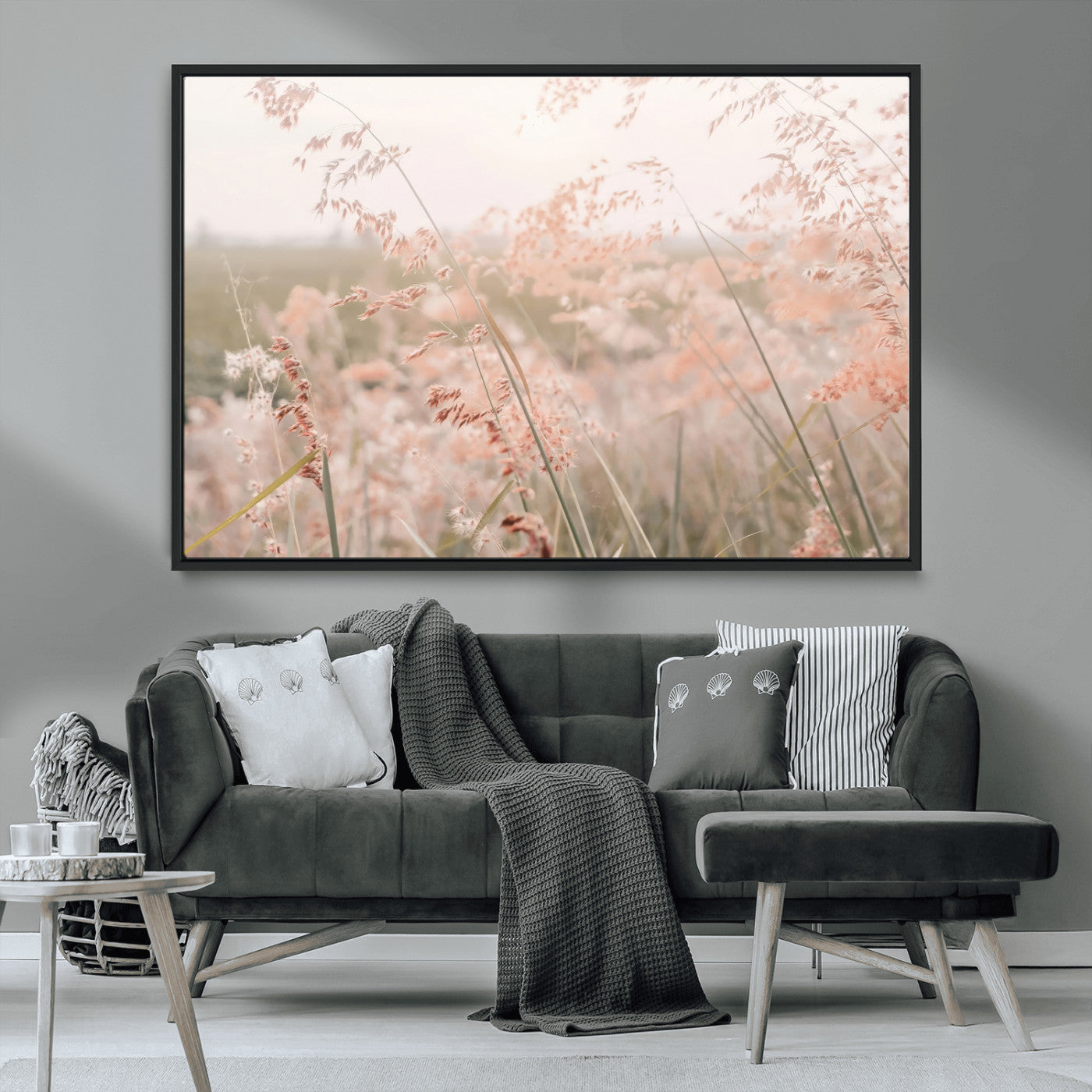 79164340-MGV-CV-36X24-Pastel Grasses Wall Art Canvas Print, Framed Soft Meadow Art Picture Print, Field in Breeze Perfect Pastel Minimal Decor Artwork