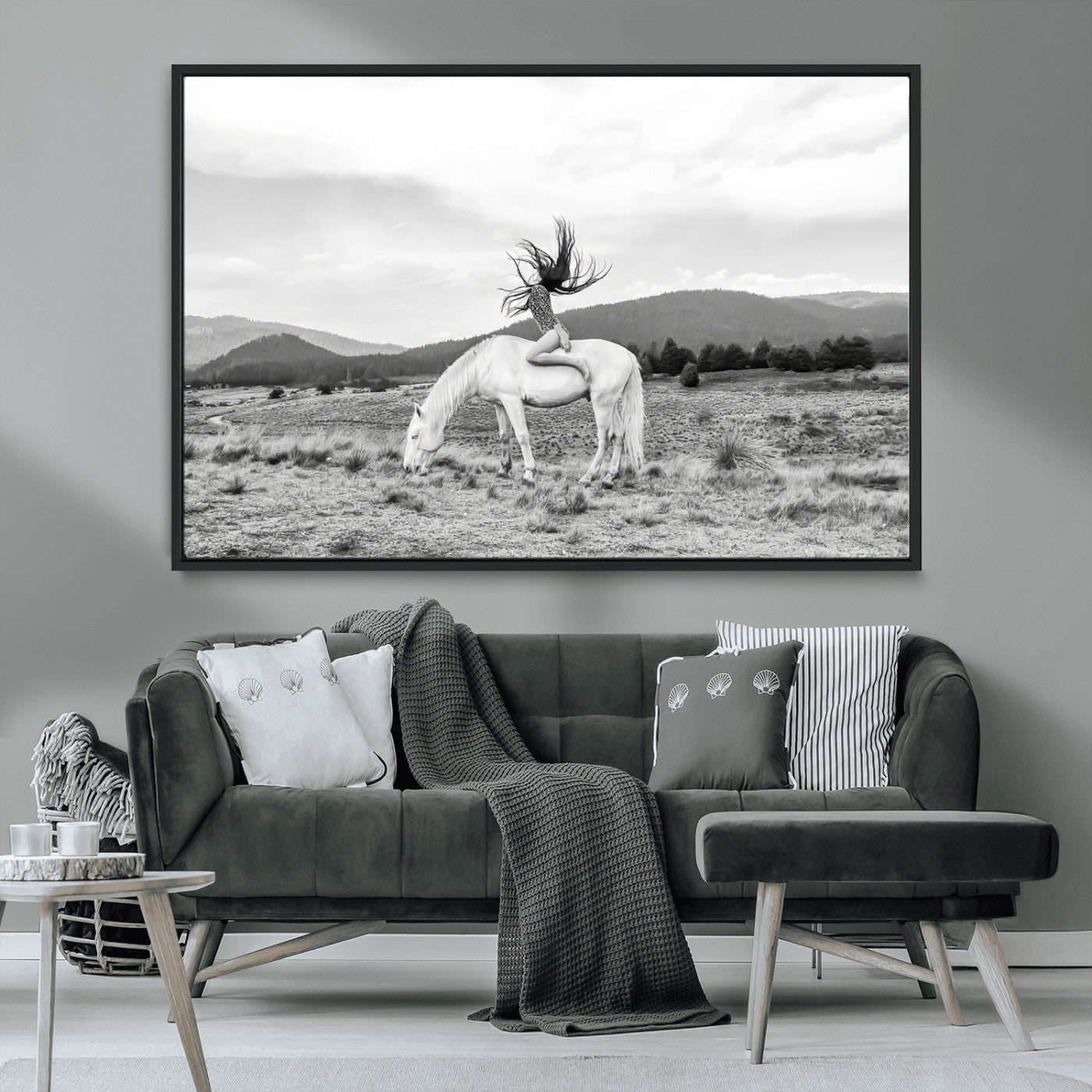 62789800-MGV-CV-36X24-White Horse Wall Art Canvas Print, Framed Woman Rider Art Picture Print, Equestrian Pose Perfect Western Boho Decor Artwork