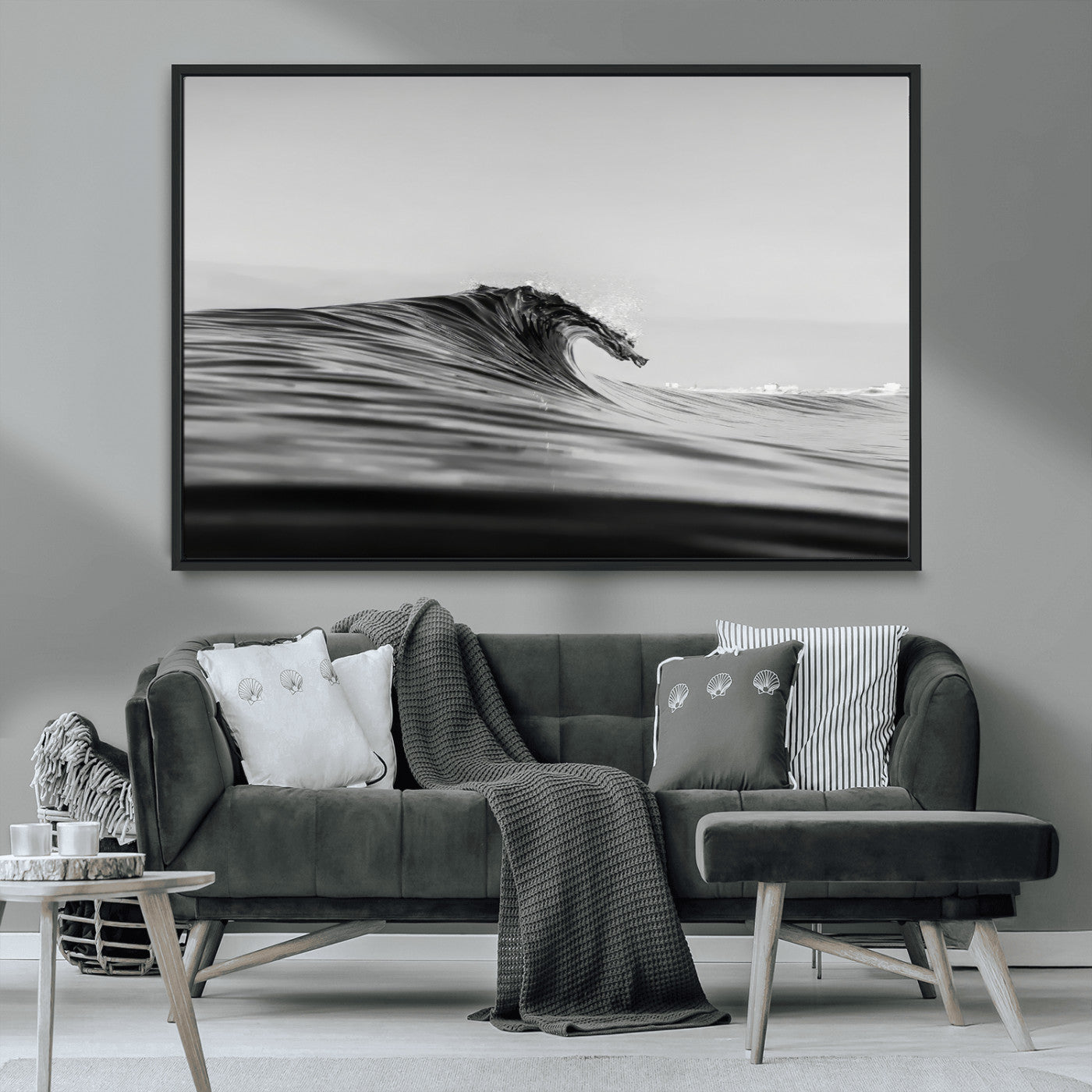 24029476-MGV-CV-36X24-Black Wave Wall Art Canvas Print, Framed Abstract Surf Art Picture Print, Minimalist Ocean Perfect Minimalist Coastal Decor
