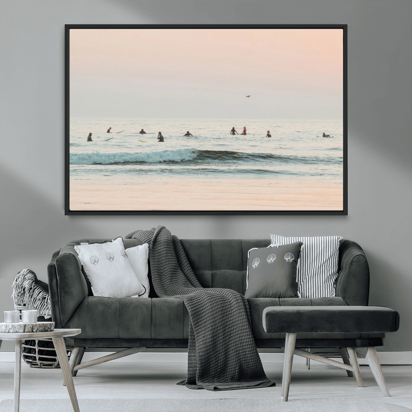 98888919-MGV-CV-36X24-Pastel Ocean Wall Art Canvas Print, Framed Soft Sunset Swimming Art Picture Print, Calm Sea Horizon Perfect Soft Coastal