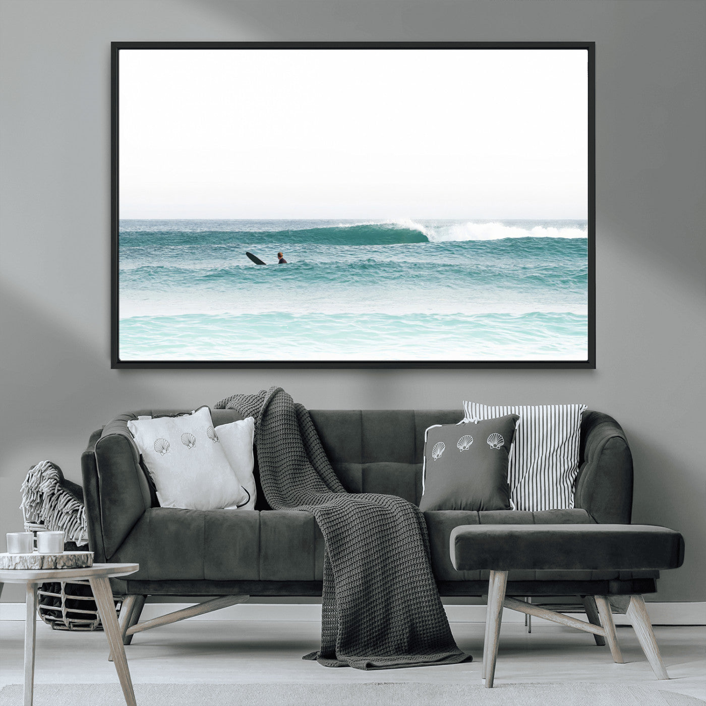 56345117-MGV-FC-36X24_Black-Minimalist Surfing Wall Art Canvas Print, Framed Ocean Waves Art Picture Print, Soft Ocean Perfect Minimalist Coastal Decor