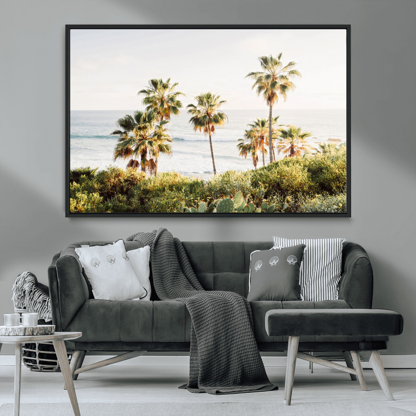 94707294-MGV-CV-36X24-California Coast Wall Art Canvas Print, Framed Palm Trees Art Picture Print, Coastal Landscape Perfect Coastal Minimalist Decor