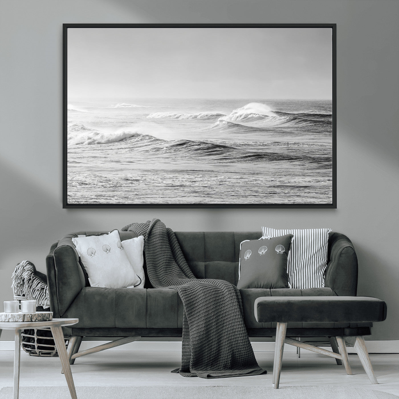 98634812-MGV-CV-36X24-Black and White Ocean Waves Wall Art – Minimalist Sea Canvas Print, Coastal Photography Decor for Living Room, Bedroom or Office