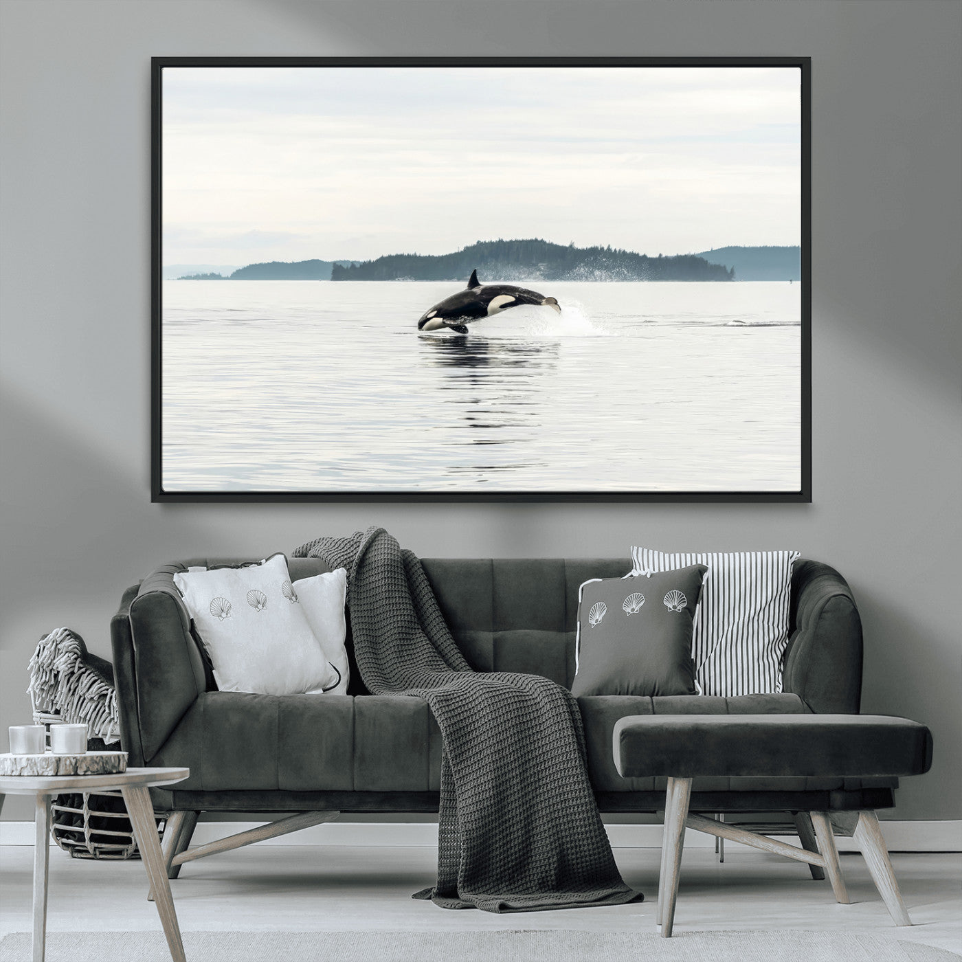 10157174-MGV-CV-36X24-Orca Whale Wall Art Canvas Print, Framed Black White Whale Art Picture Print, Minimalist Ocean Perfect Coastal Minimalist Decor