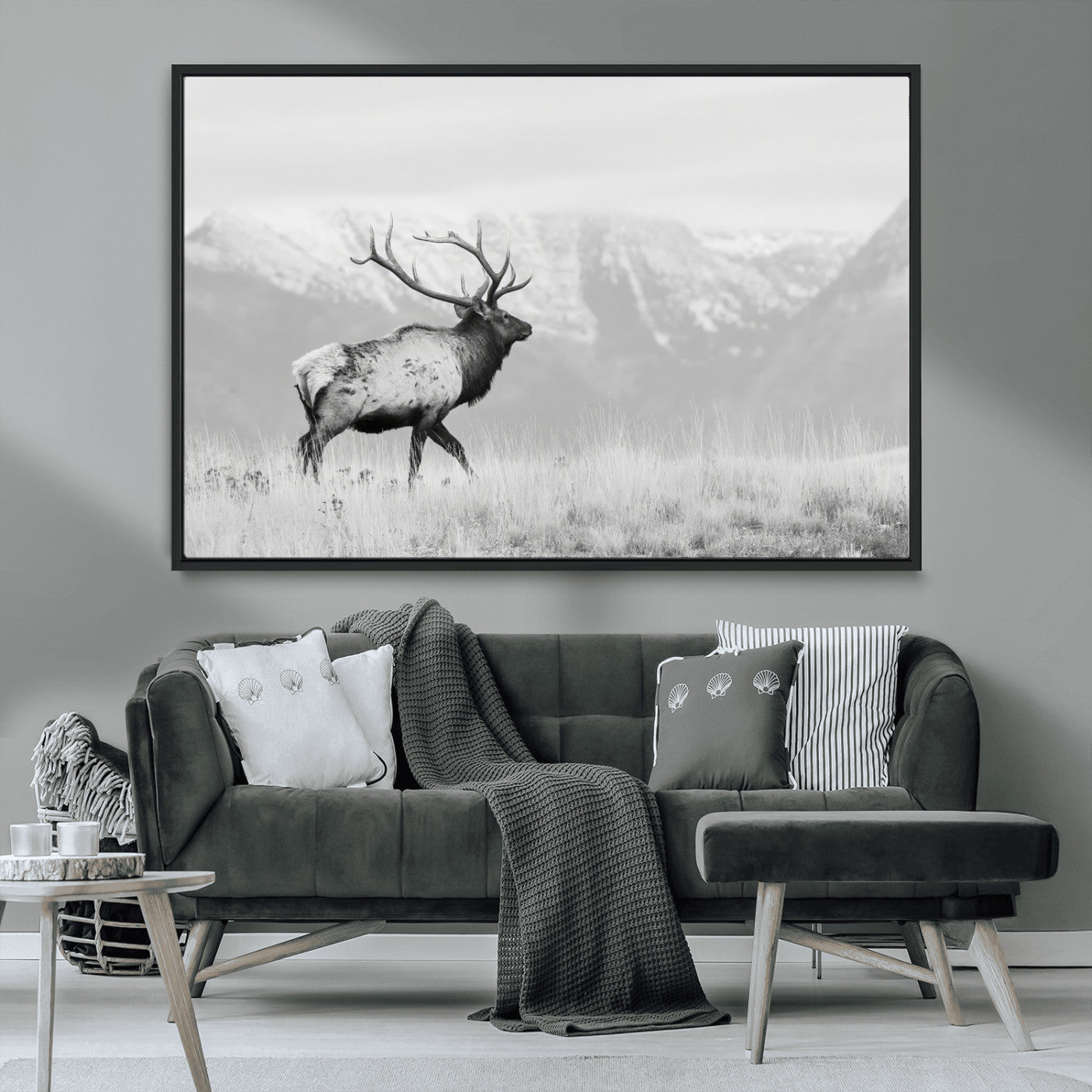 62278753-MGV-CV-36X24-Monochrome Elk Wall Art Canvas Print, Framed Mountain Wildlife Art Picture Print, Rustic Nature Perfect Rustic Minimalist Decor