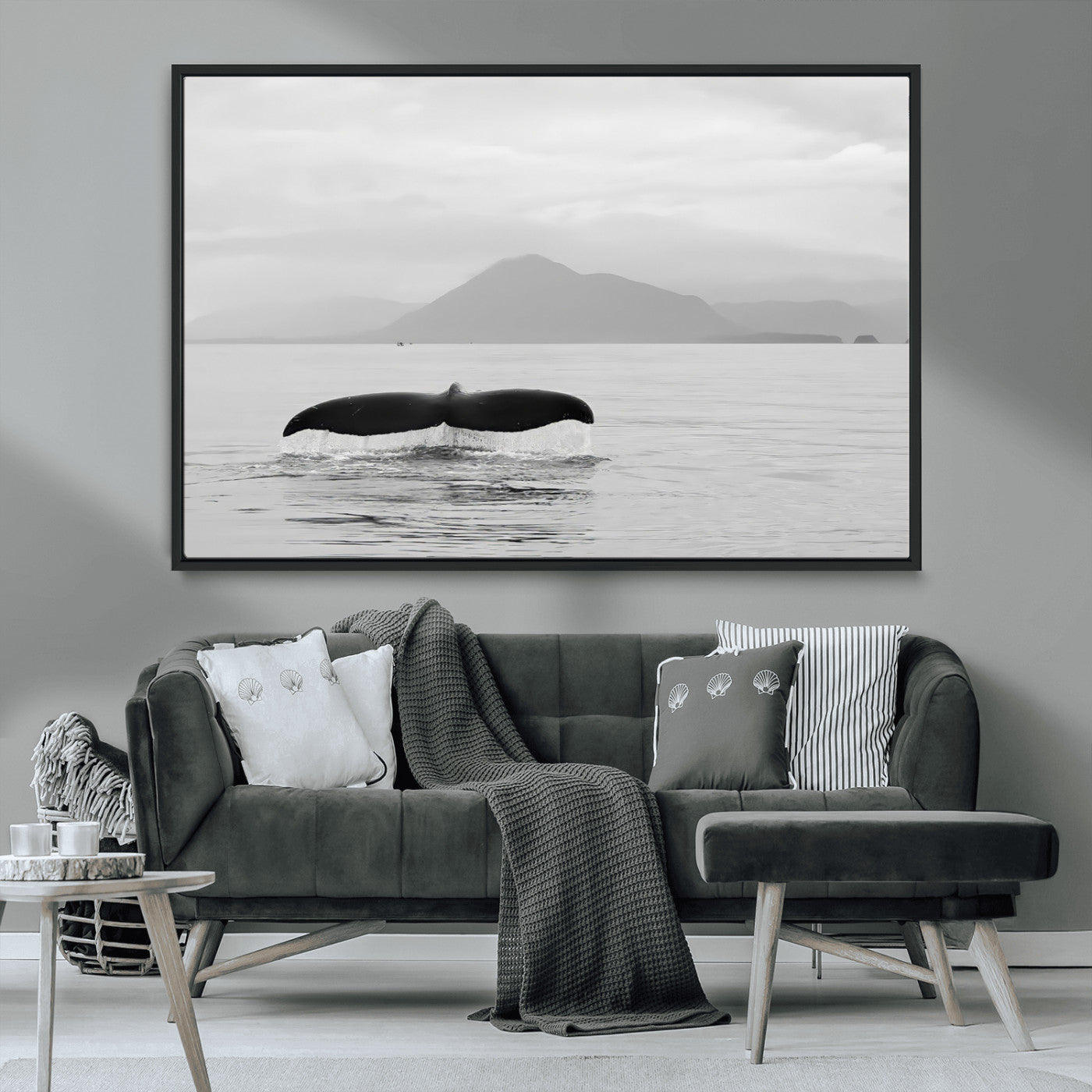 30524220-MGV-CV-36X24-Whale Tail Wall Art Canvas Print, Framed Black White Ocean Art Picture Print, Calm Marine Perfect Minimalist Coastal Decor Artwork