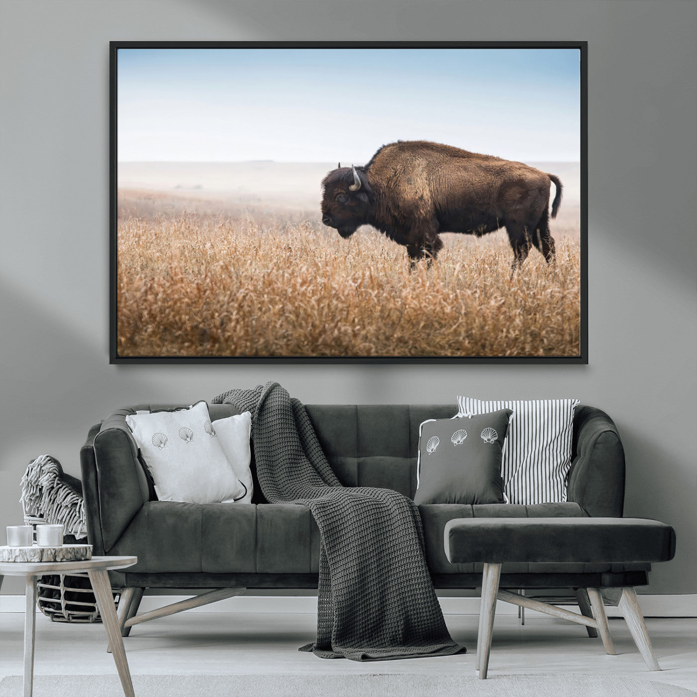 99620201-MGV-CV-36X24-Wild Bison Wall Art Canvas Print, Framed Bison in Prairie Art Picture Print, Rustic Western Perfect Rustic Western Decor Artwork