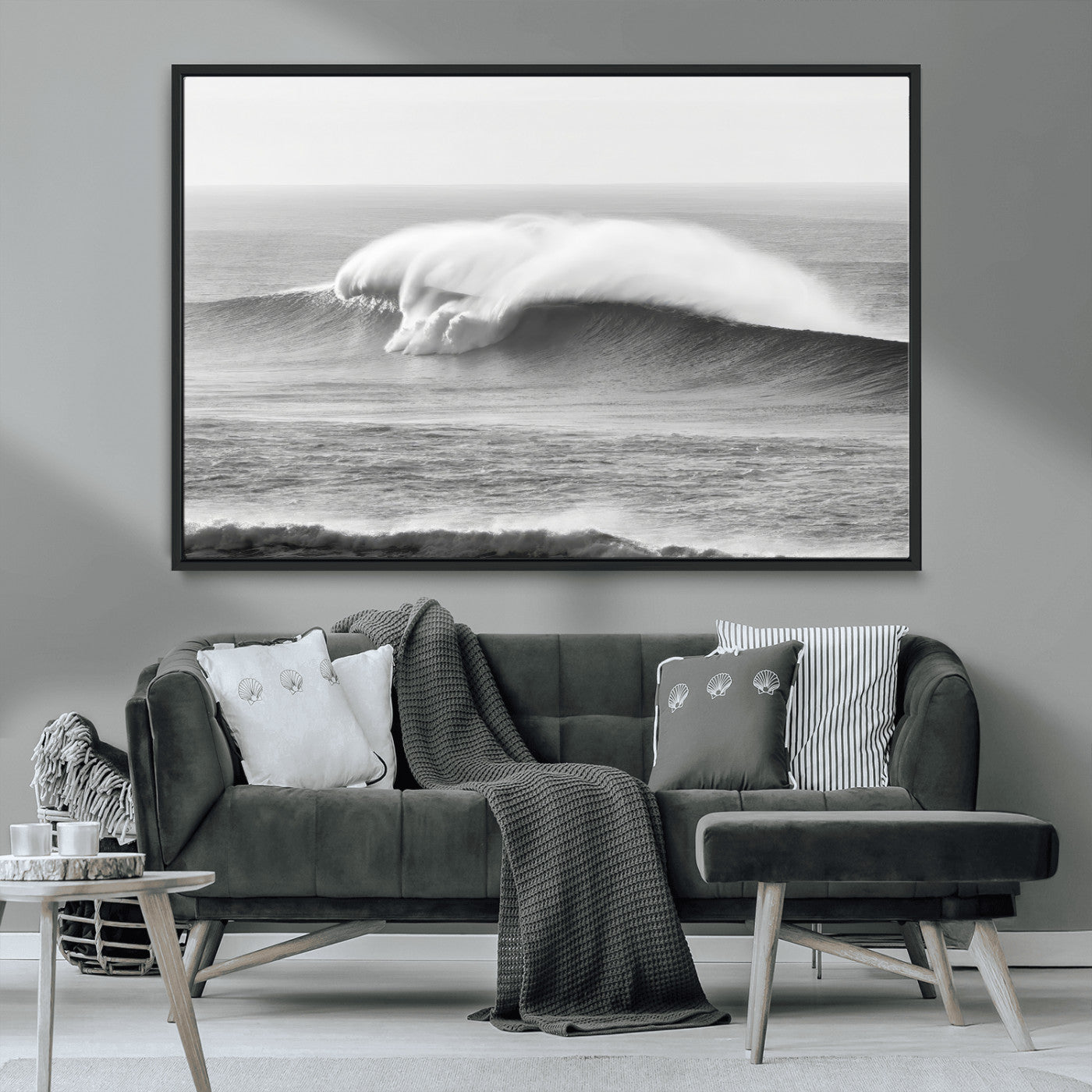 42544082-MGV-CV-36X24-Monochrome Seascape Wall Art Canvas Print, Framed Surf Wave Art Picture Print, Minimalist Ocean Perfect Moody Coastal Decor