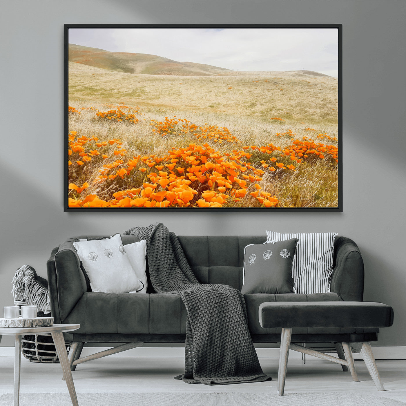 28972262-MGV-CV-36X24-Golden Wildflowers Wall Art Canvas Print, Framed Hills Bloom Art Picture Print, Poppy Meadow Perfect Rustic Nature Decor Artwork