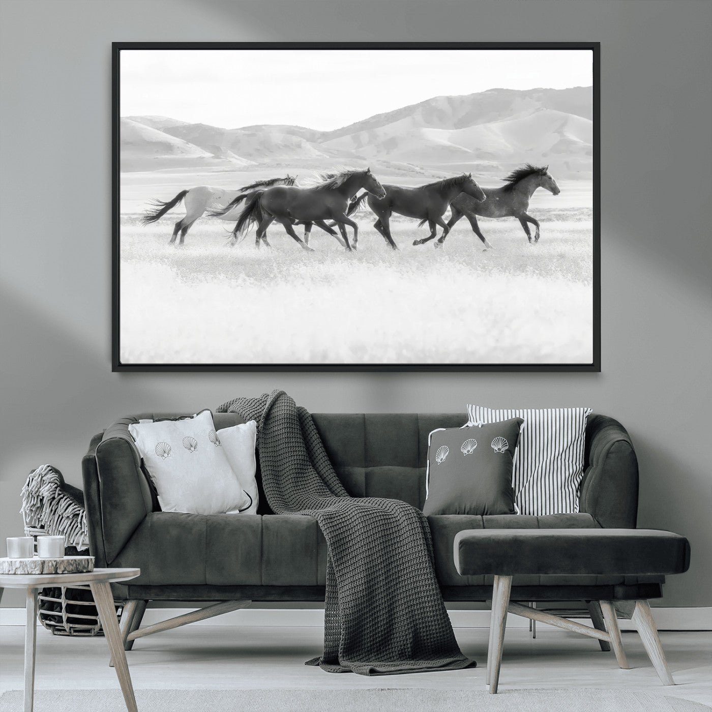 69934913-MGV-CV-36X24-Wild Horses Running Wall Art Canvas Print, Framed Black White Mustangs Art Picture Print, Rustic Western Perfect Rustic Western