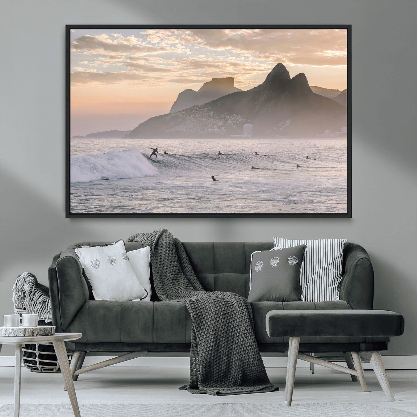 70644906-MGV-CV-36X24-Sunset Surfing Wall Art Canvas Print, Framed Misty Mountains Art Picture Print, Surfer Riding Wave Perfect Coastal Adventure Decor