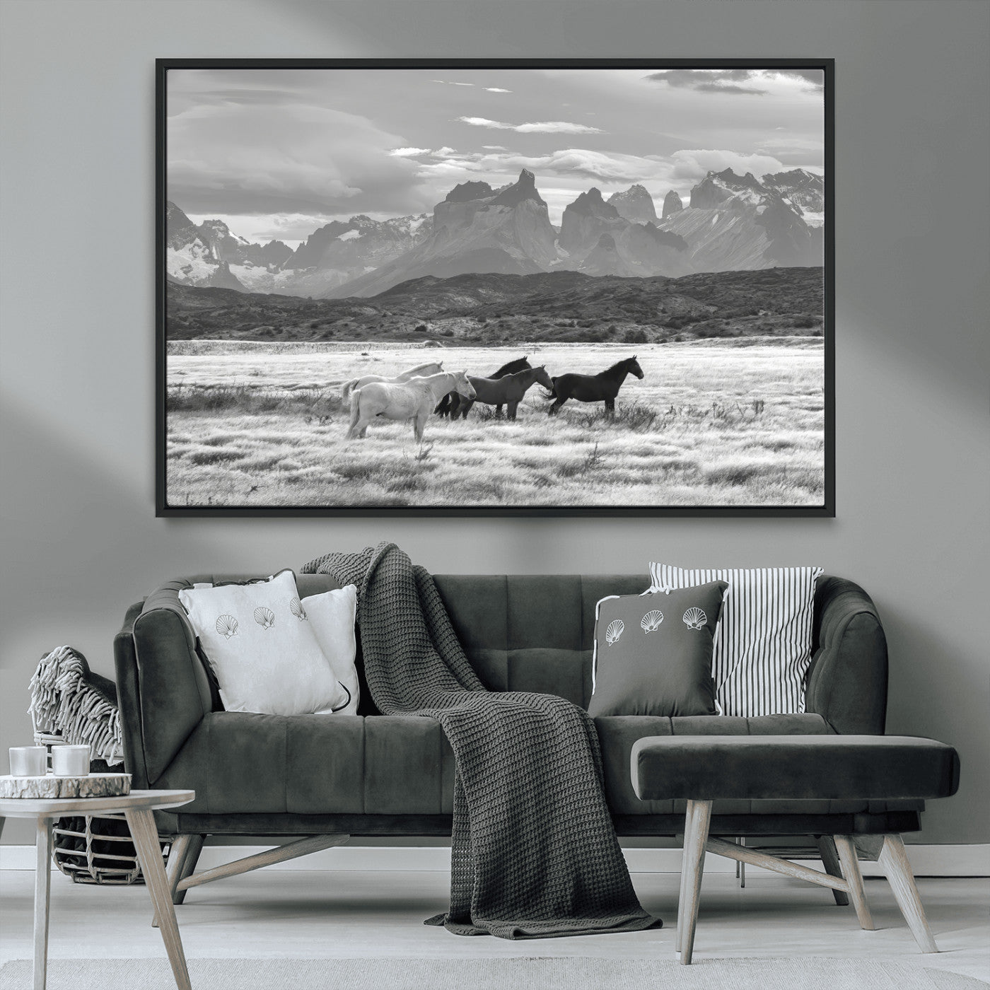 21655040-MGV-CV-36X24-Wild Horses Wall Art Canvas Print, Framed Black White Mountains Art Picture Print, Rustic Countryside Perfect Rustic Western Decor