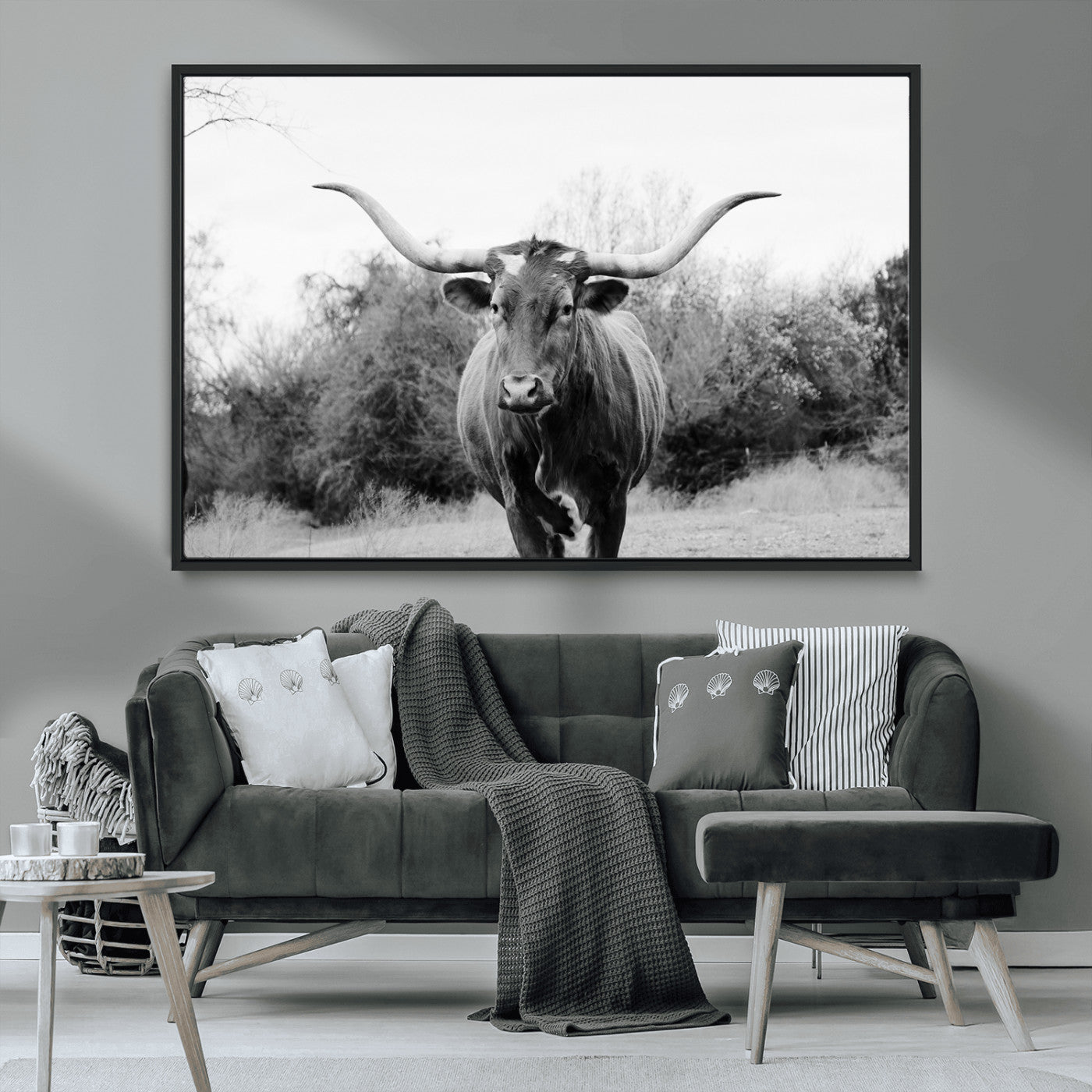 97280319-MGV-CV-36X24-Longhorn Photography Wall Art Canvas Print, Framed Western Cow Decor Art Picture Print, Texas Ranch Style Perfect Rustic Farmhouse