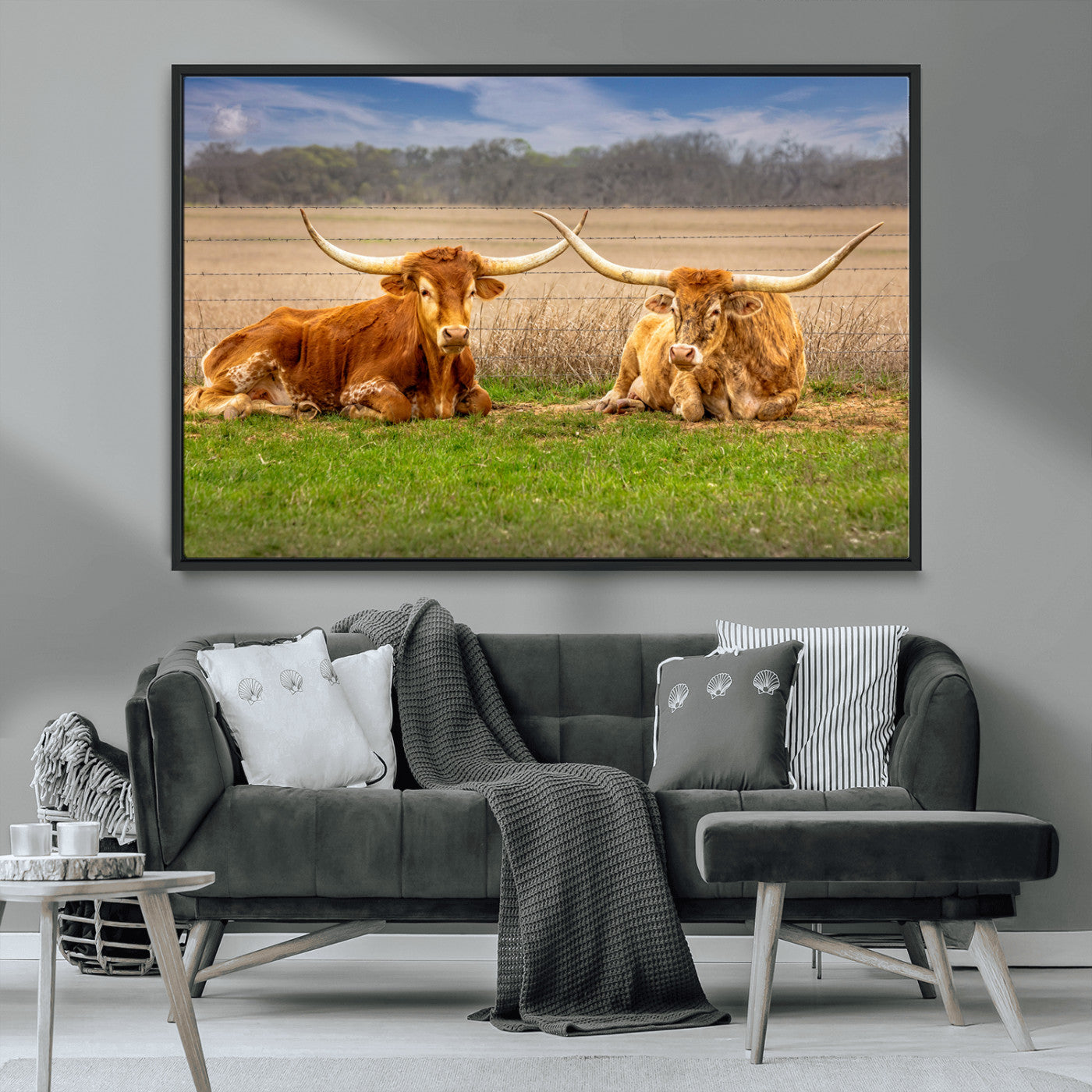97244565-MGV-CV-36X24-Longhorn Duo Wall Art Canvas Print, Framed Cozy Ranch Vibes Art Picture Print, Western Ranch Decor Perfect Rustic Farmhouse Decor