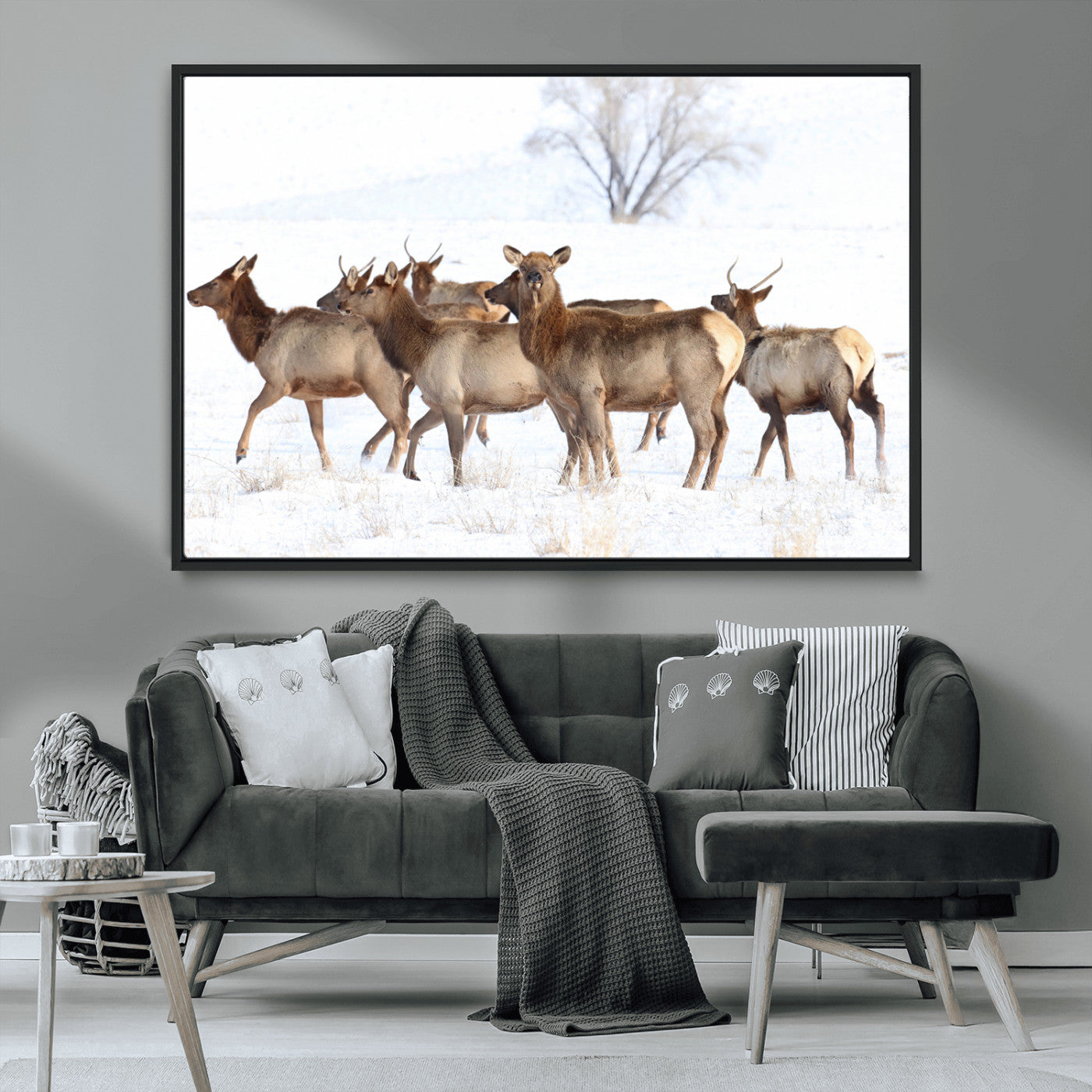 68738684-MGV-CV-36X24-Winter Elk Scene Wall Art Canvas Print, Framed Wildlife Photography Art Picture Print, Snowy Deer Decor Perfect Rustic Lodge Decor