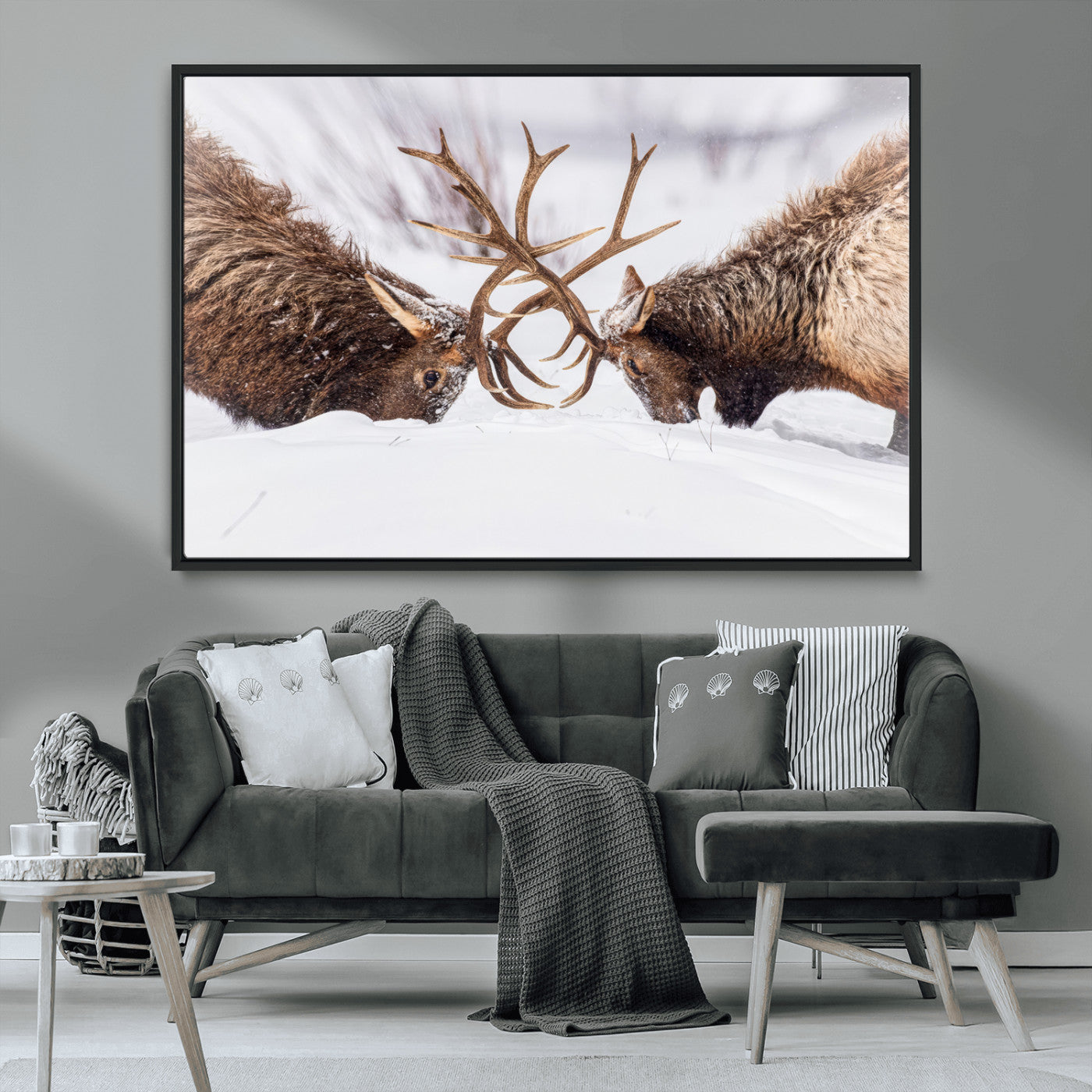 36507609-MGV-CV-36X24-Elk Clash Scene Wall Art Canvas Print, Framed Wildlife Strength Decor Art Picture Print, Snowy Forest Elk Perfect Rustic Lodge