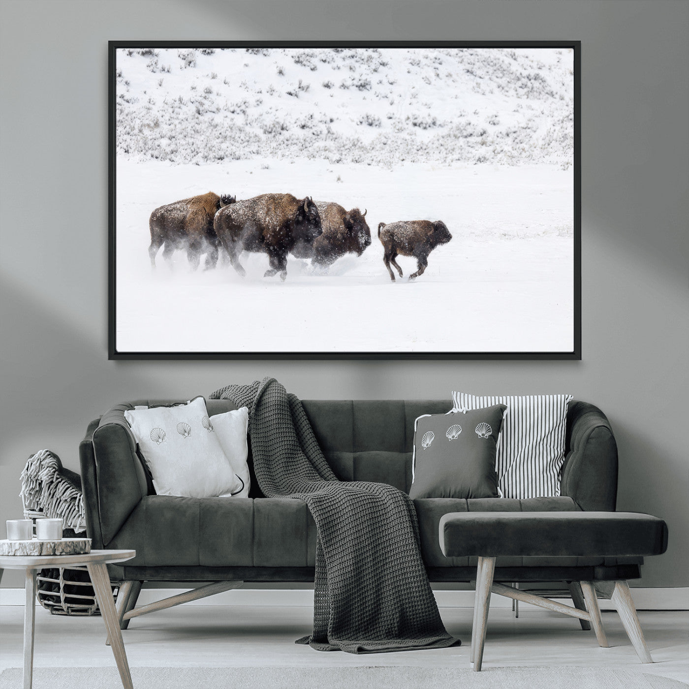 56216945-MGV-CV-36X24-Bison Herd Decor Wall Art Canvas Print, Framed Snowy Bison Scene Art Picture Print, Winter Wildlife Theme Perfect Rustic Western