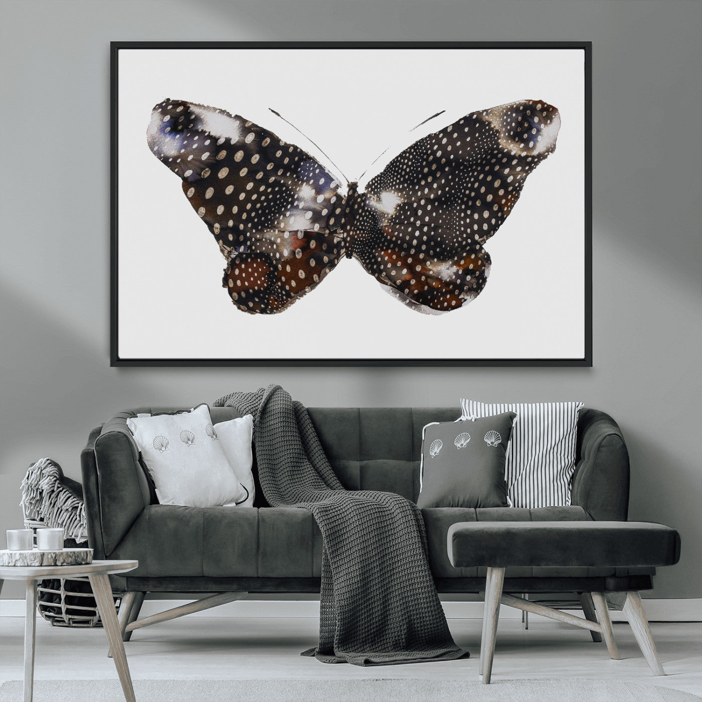 99831147-MGV-CV-36X24-Spotted Butterfly Wall Art Canvas Print, Framed Neutral Insect Theme Art Picture Print, Earthy Wing Pattern Perfect Modern Rustic