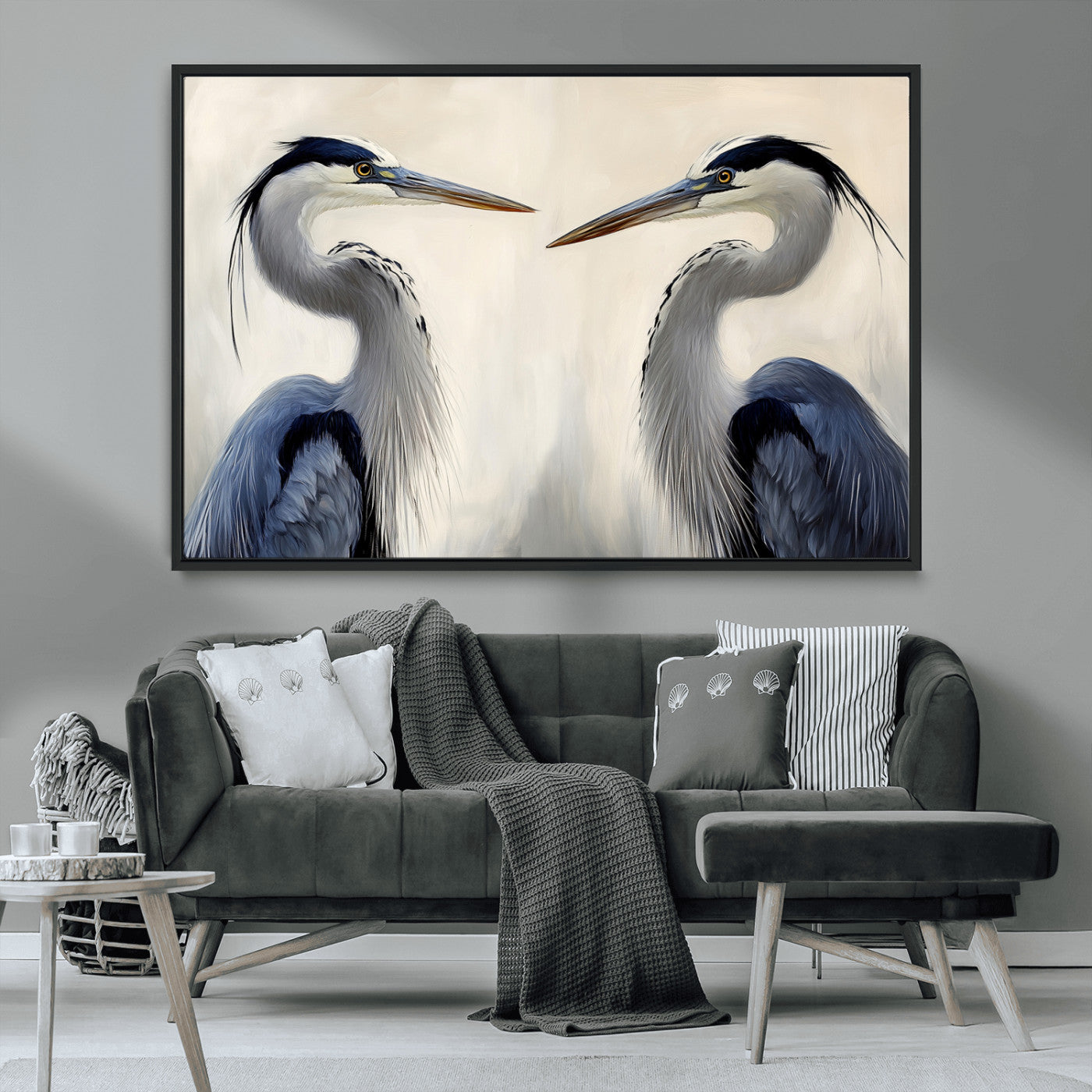 18230556-MGV-CV-36X24-Blue Heron Pair Wall Art Canvas Print, Framed Coastal Bird Theme Art Picture Print, Tranquil Wildlife Scene Perfect Coastal
