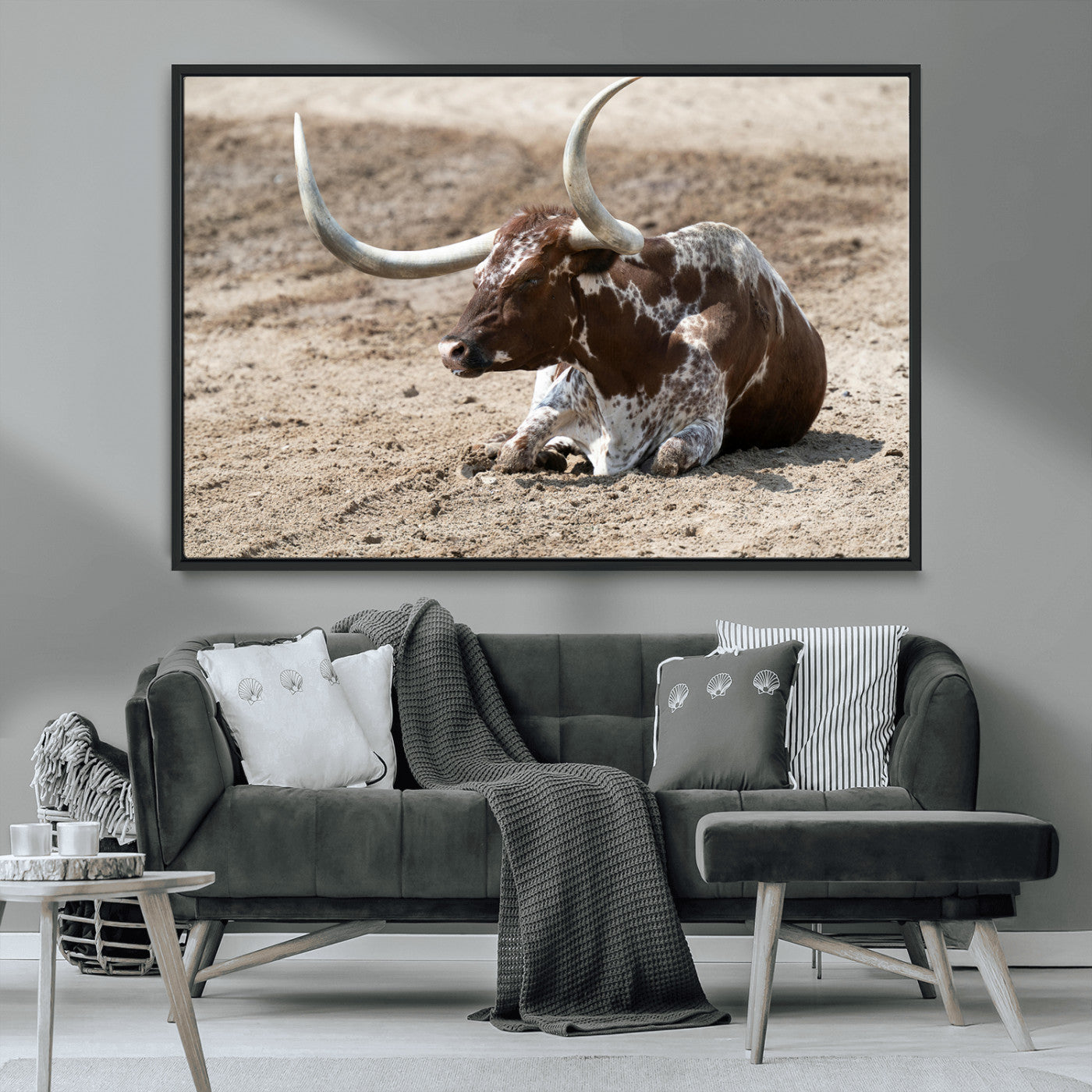 76549210-MGV-CV-36X24-Texas Longhorn Wall Art Canvas Print, Framed Country Living Art Picture Print, Farmhouse Aesthetic Perfect Western Rustic Decor
