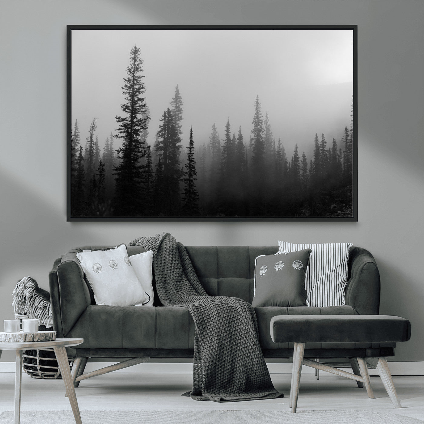 73138900-MGV-CV-36X24-Misty Pines Wall Art Canvas Print, Framed Woodland Photography Art Picture Print, Minimalist Decor Perfect Modern Rustic Decor