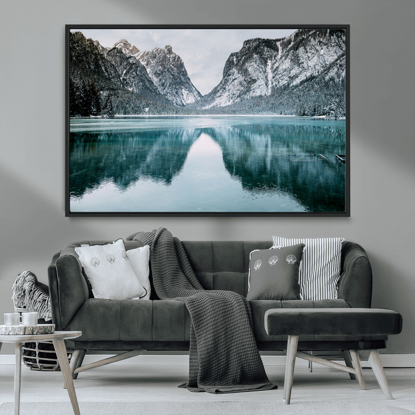 73098373-MGV-CV-36X24-Mountain Lake Wall Art Canvas Print, Framed Winter Wonderland Art Picture Print, Snowy Peaks Perfect Modern Nature Decor Artwork