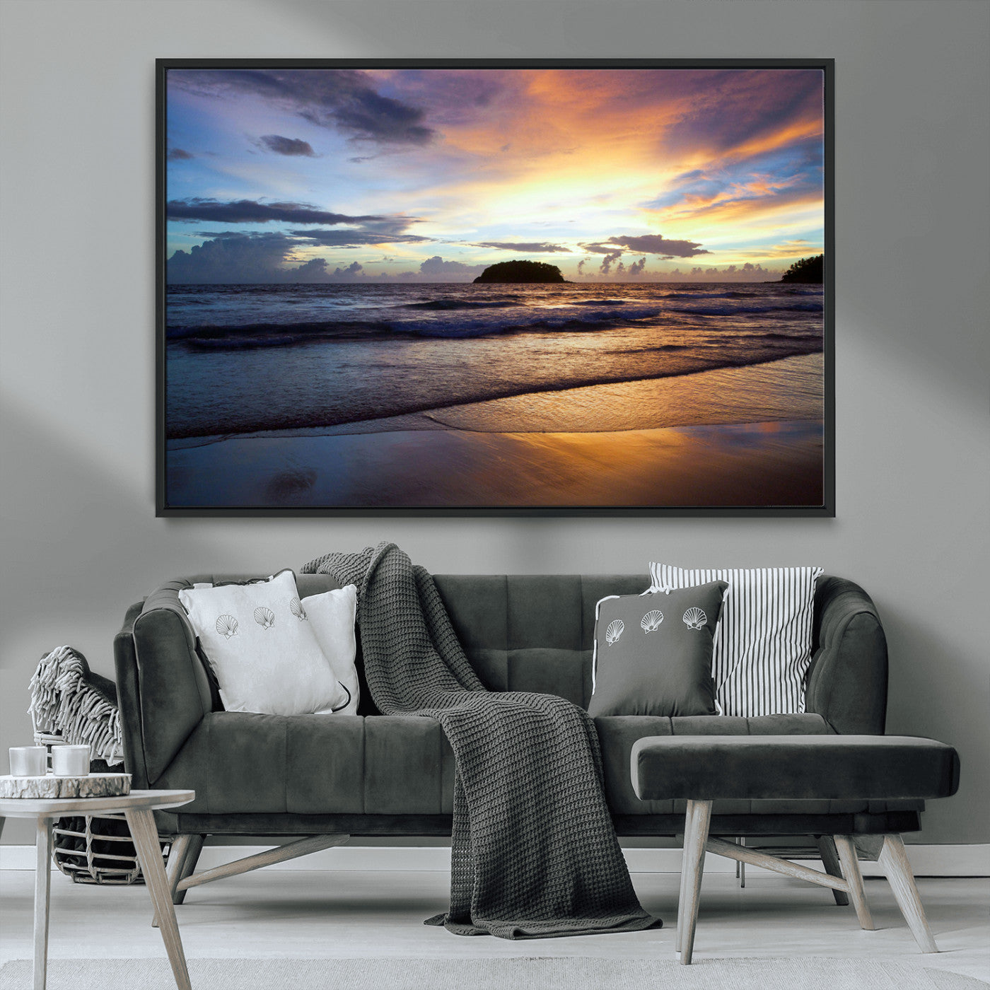 36714356-MGV-CV-36X24-Beach Sunset Wall Art Canvas Print, Framed Ocean Waves Art Picture Print, Tropical Seascape Perfect Coastal Serenity Decor Artwork