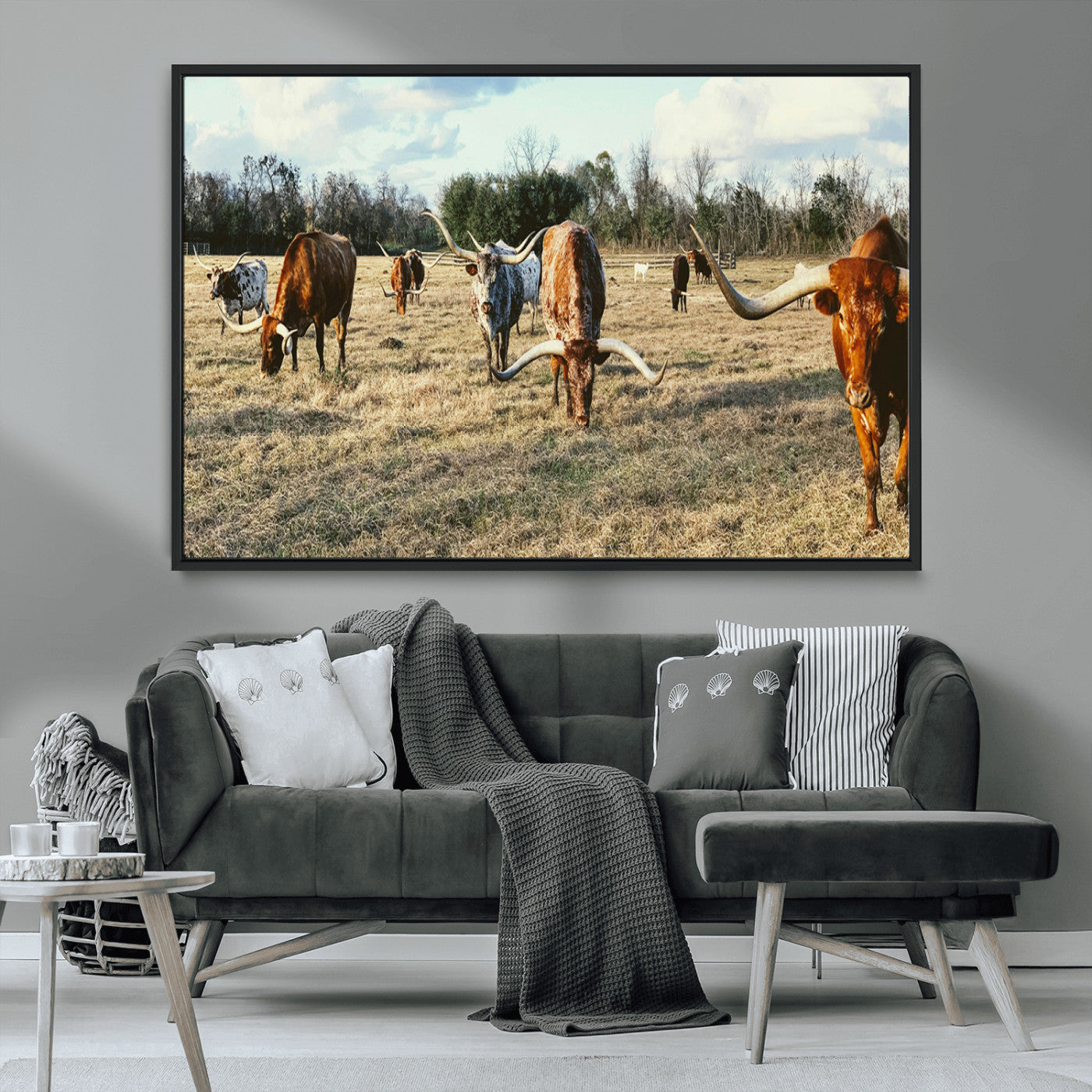 39144651-MGV-FC-36X24_Black-Texas Longhorns Wall Art Canvas Print, Framed Rustic Farm Scene Art Picture Print, Western Cattle Perfect Rustic Farmhouse Decor