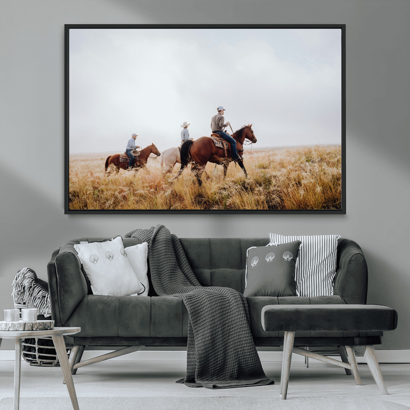 94723307-MGV-CV-36X24-Western Cowboys Wall Art Canvas Print, Framed Rustic Prairie Art Picture Print, Horseback Riding Perfect Rustic Western Decor