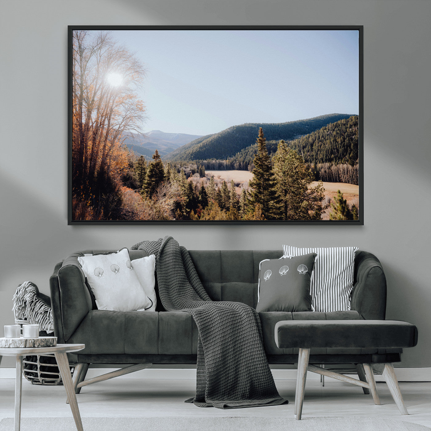 52941305-MGV-CV-36X24-Rustic Landscape Wall Art Canvas Print, Framed Serene Valley Art Picture Print, Pine Tree Horizon Perfect Rustic Cabin Decor