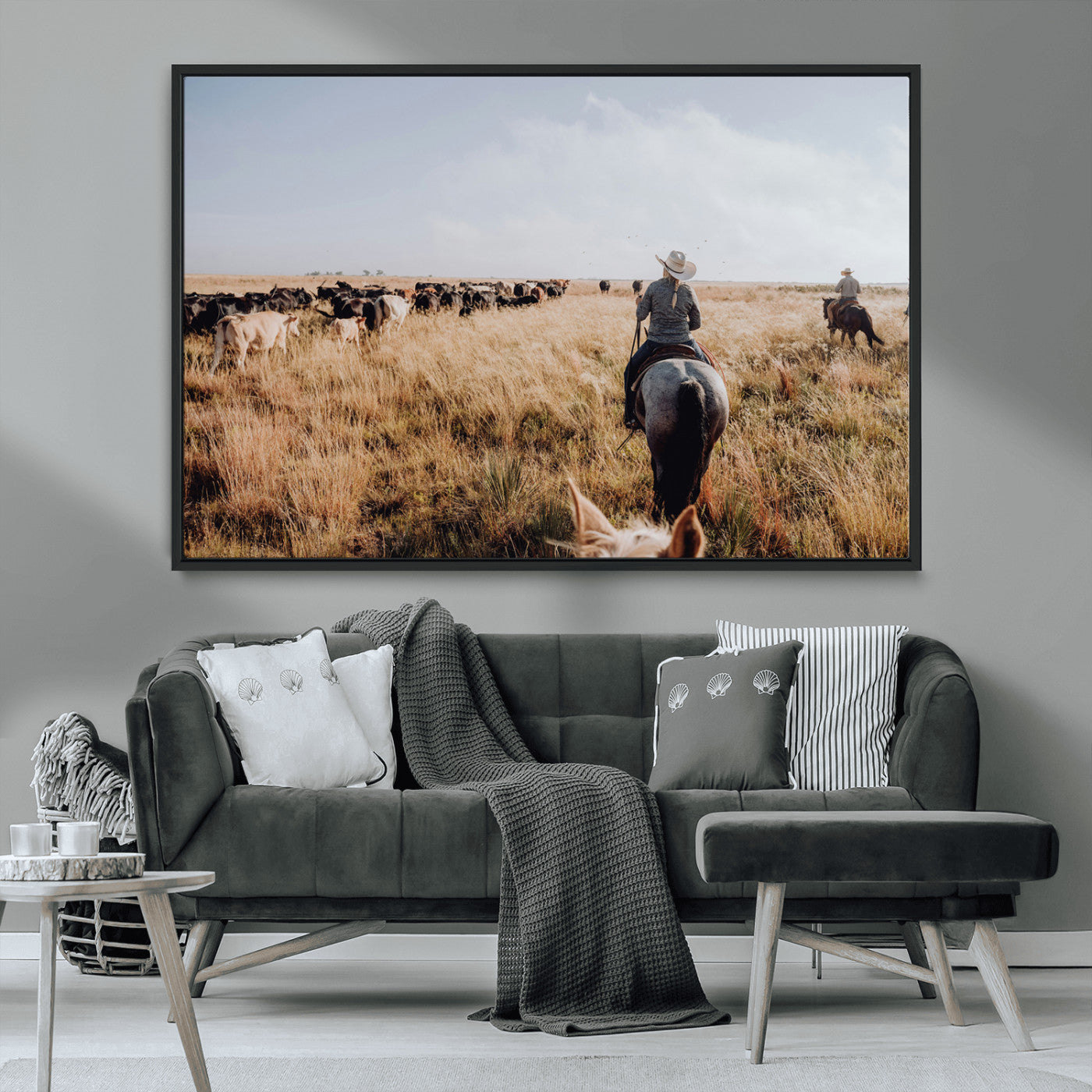 22431577-MGV-CV-36X24-Western Wall Art Wall Art Canvas Print, Framed Cowboy Canvas Art Picture Print, Cattle Drive Scene Perfect Rustic Western Decor
