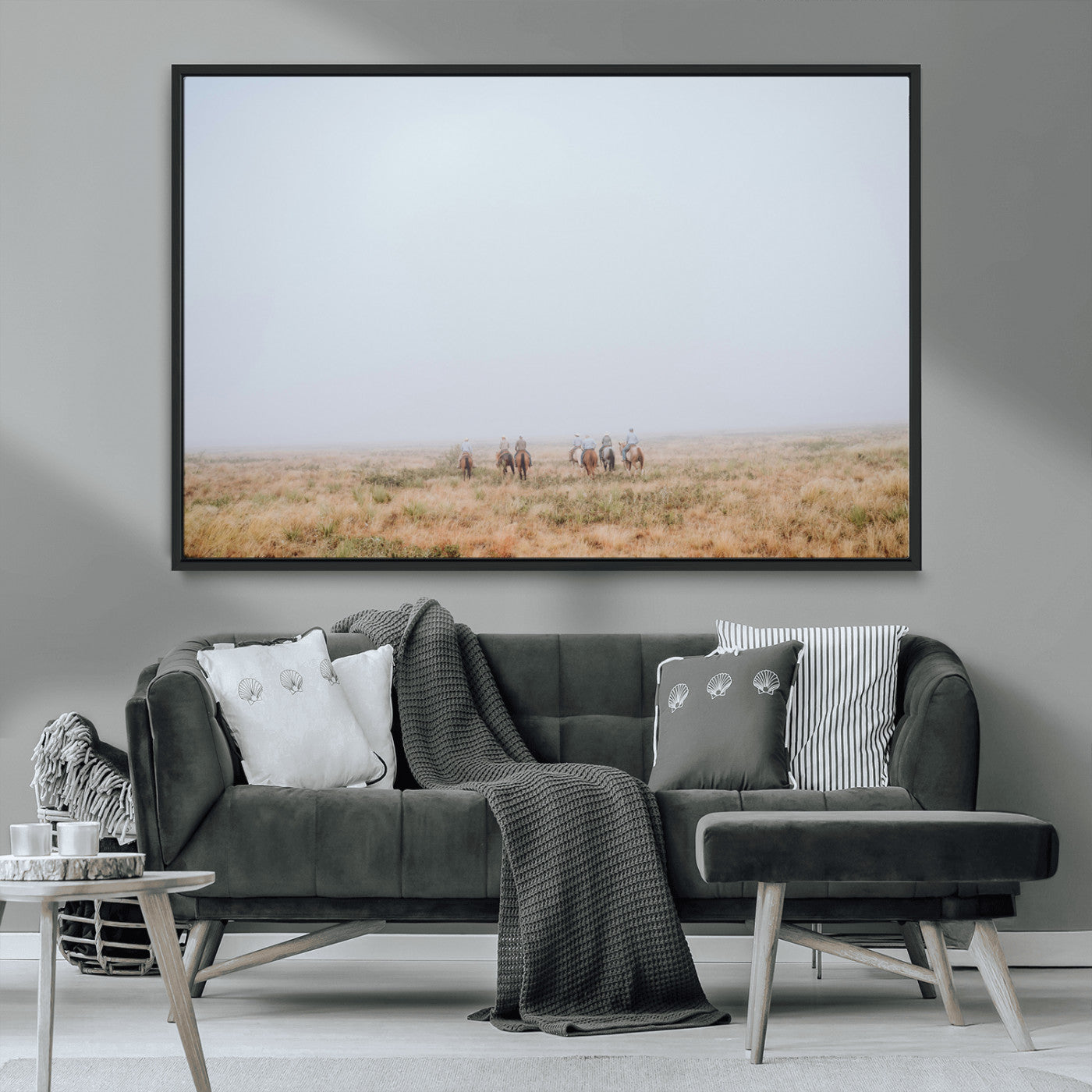 14761944-MGV-CV-36X24-Foggy Plains Wall Art Canvas Print, Framed Horseback Riders Art Picture Print, Rustic Western Perfect Rustic Western Decor Artwork