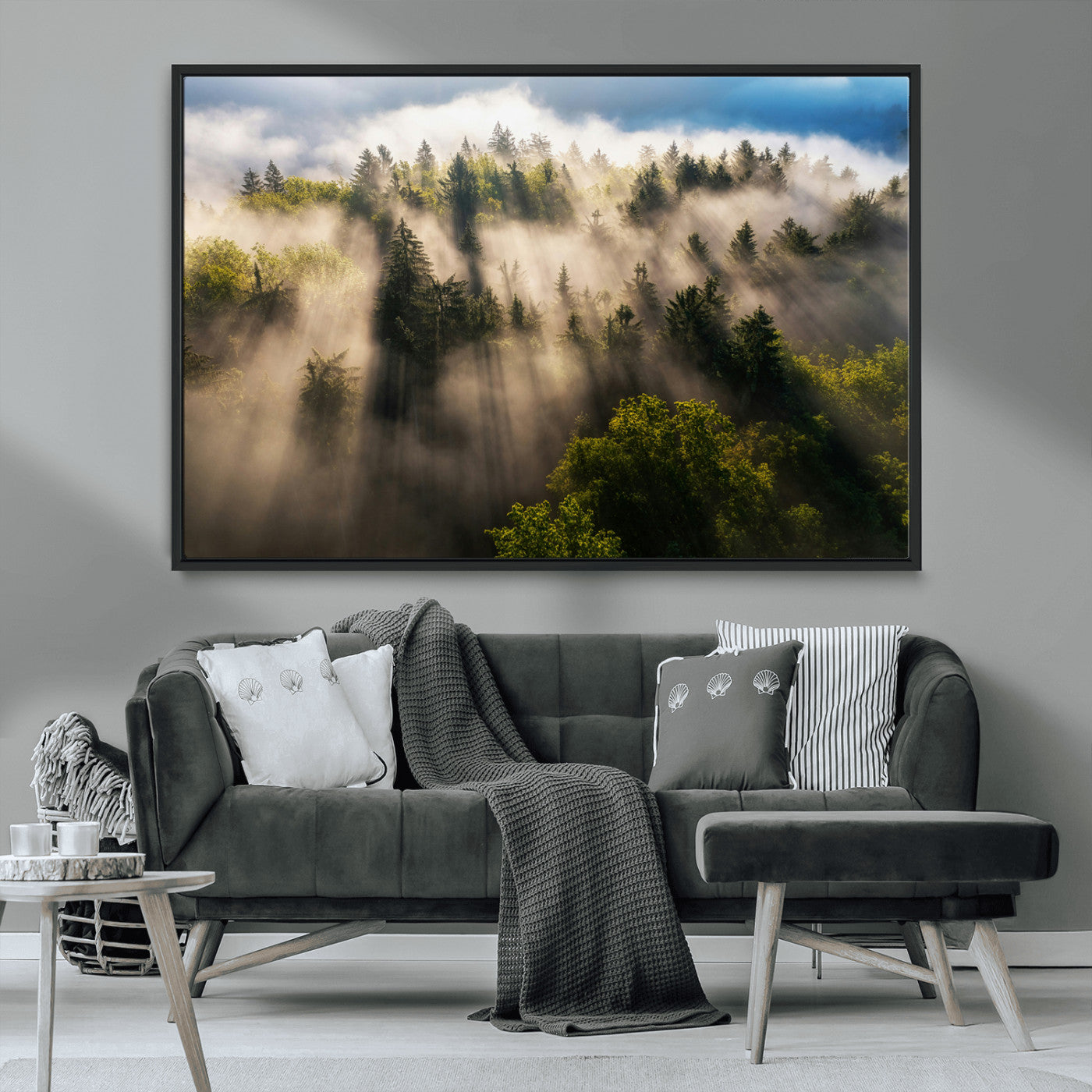 14785710-MGV-CV-36X24-Tranquil Forest Scene Wall Art Canvas Print, Framed Sunbeam Through Trees Art Picture Print, Moody Green Wall Art Perfect