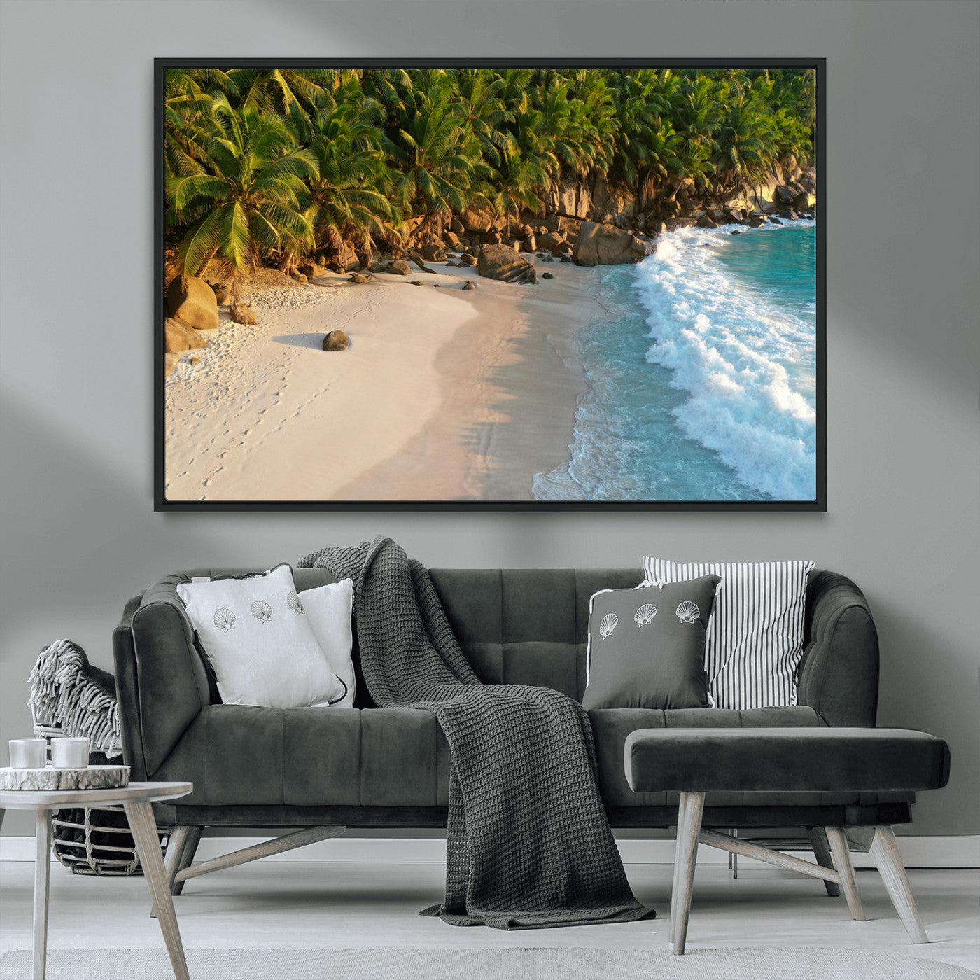 82312665-MGV-CV-36X24-Tropical Beach Wall Art Canvas Print, Framed Ocean Waves Art Picture Print, Palm Trees Perfect Coastal Minimalist Decor Artwork