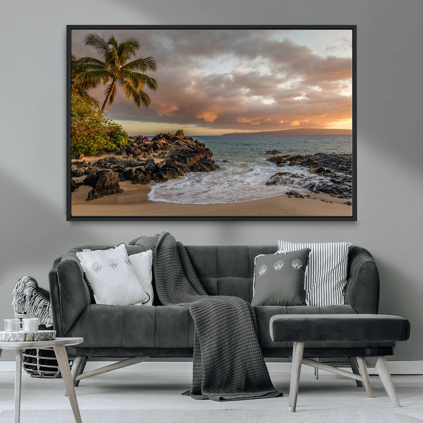 55108220-MGV-CV-36X24-Tropical Beach Wall Art Canvas Print, Framed Hawaiian Sunset Art Picture Print, Ocean Waves Perfect Coastal Tropical Decor Artwork
