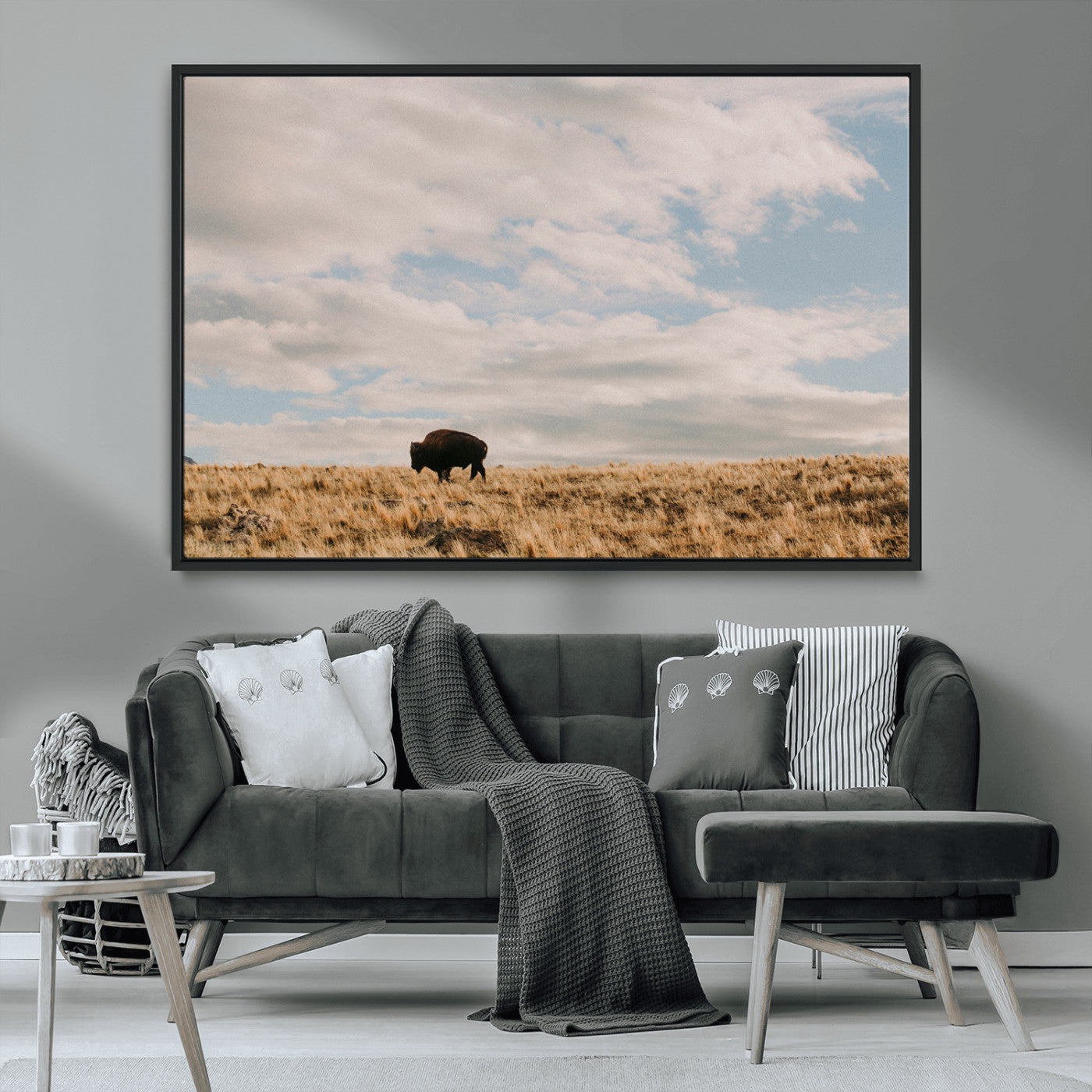 22754563-MGV-CV-36X24-Earthy Tones Wall Art Canvas Print, Framed Rustic Nature Art Picture Print, Solitary Buffalo Perfect Western Minimalist Decor