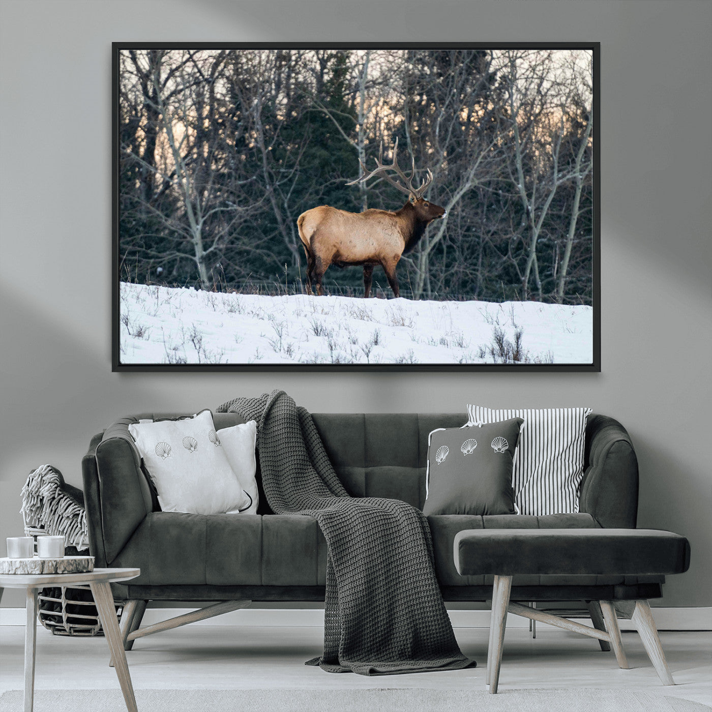 36533178-MGV-CV-36X24-Wild Elk Photography Wall Art Canvas Print, Framed Winter Wildlife Art Picture Print, Snowy Forest Perfect Rustic Lodge Decor