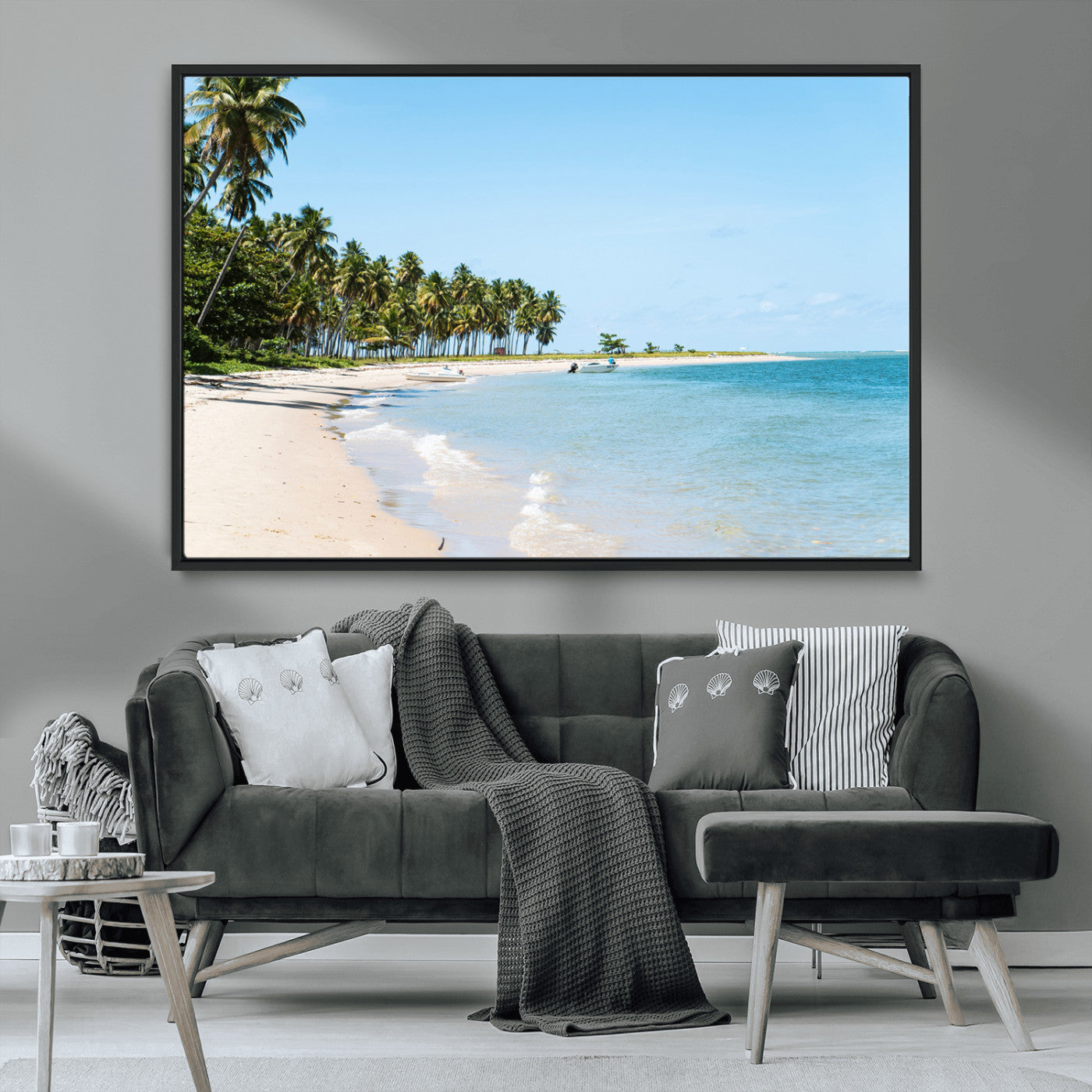 37858872-MGV-CV-36X24-Palm Tree Coast Wall Art Canvas Print, Framed Island Getaway Art Picture Print, Crystal Blue Water Perfect Tropical Coastal Decor