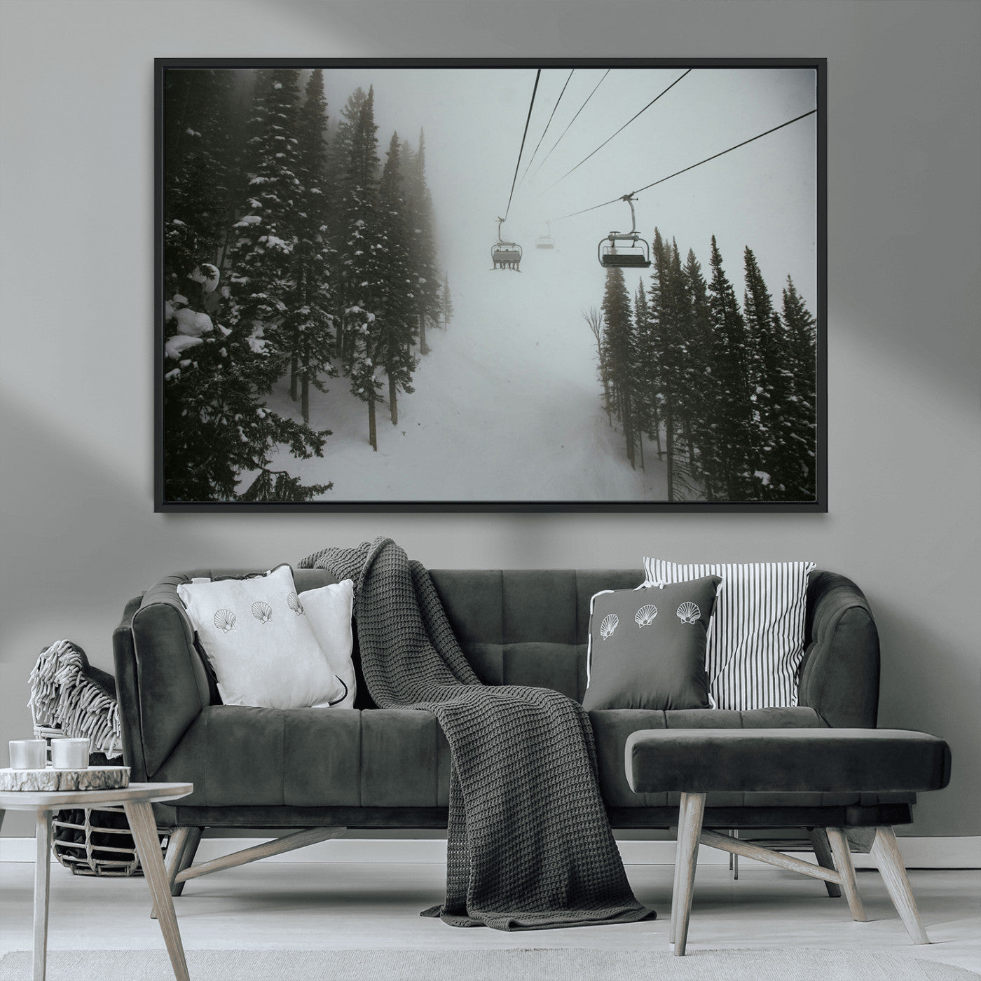 87018452-MGV-CV-36X24-Ski Lift Wall Art Canvas Print, Framed Snowy Pines Art Picture Print, Misty Landscape Perfect Winter Serenity Decor Artwork