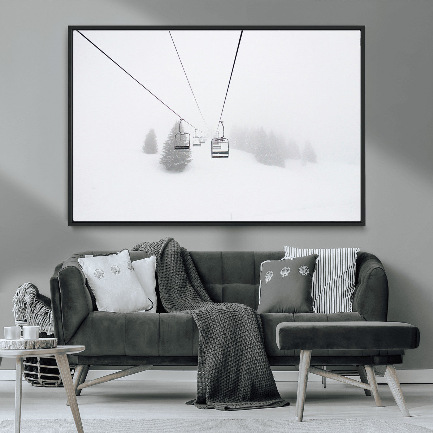 20216390-MGV-CV-36X24-Ski Lift Wall Art Canvas Print, Framed Snowy Landscape Art Picture Print, Alpine Adventure Perfect Nordic Minimalist Decor Artwork