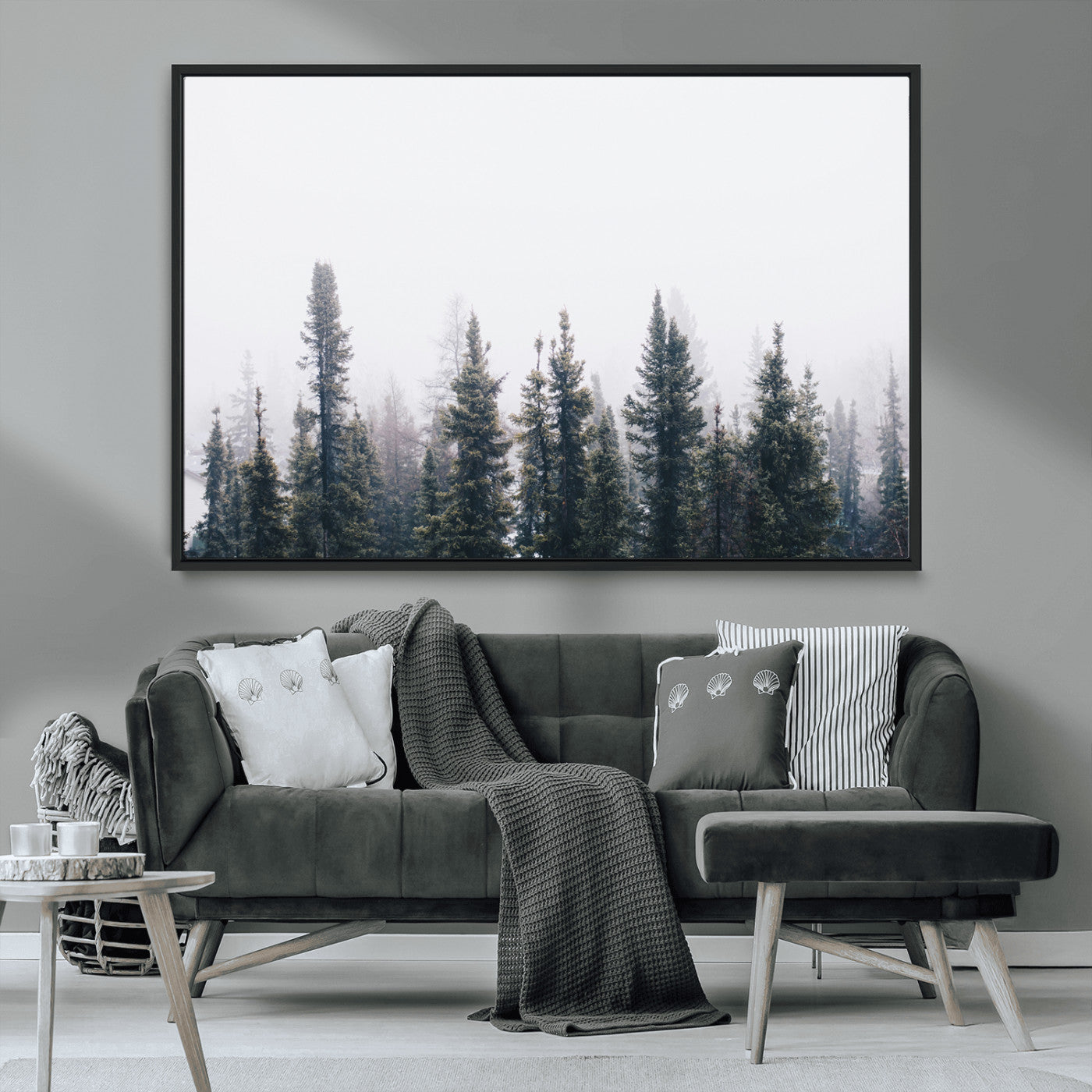 42364796-MGV-CV-36X24-Foggy Forest Wall Art Canvas Print, Framed Misty Pines Art Picture Print, Moody Woodland Perfect Scandinavian Minimalist Decor