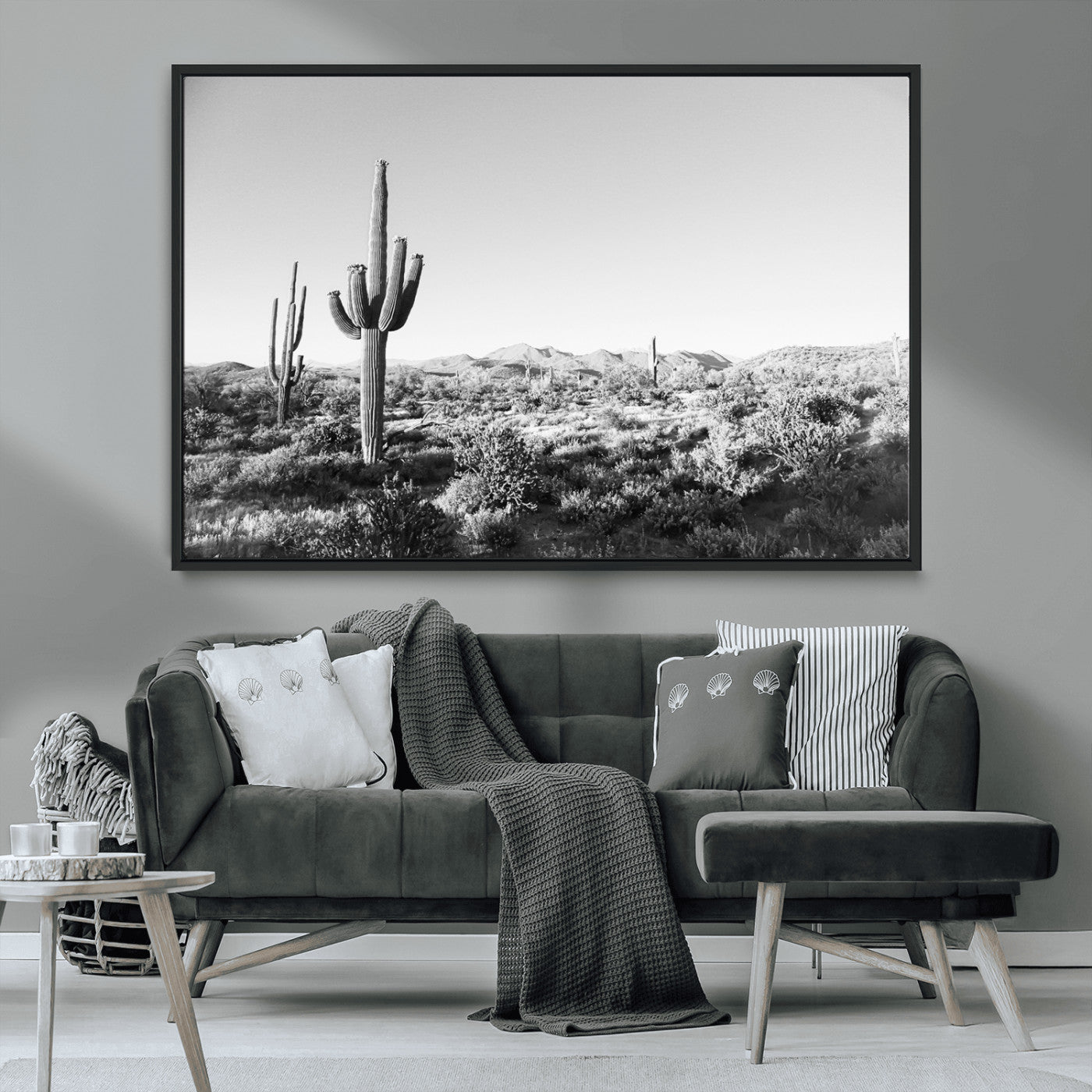 85205054-MGV-CV-36X24-Saguaro Cactus Wall Art Canvas Print, Framed Monochrome Landscape Art Picture Print, Scenic Arizona View Perfect Minimalist