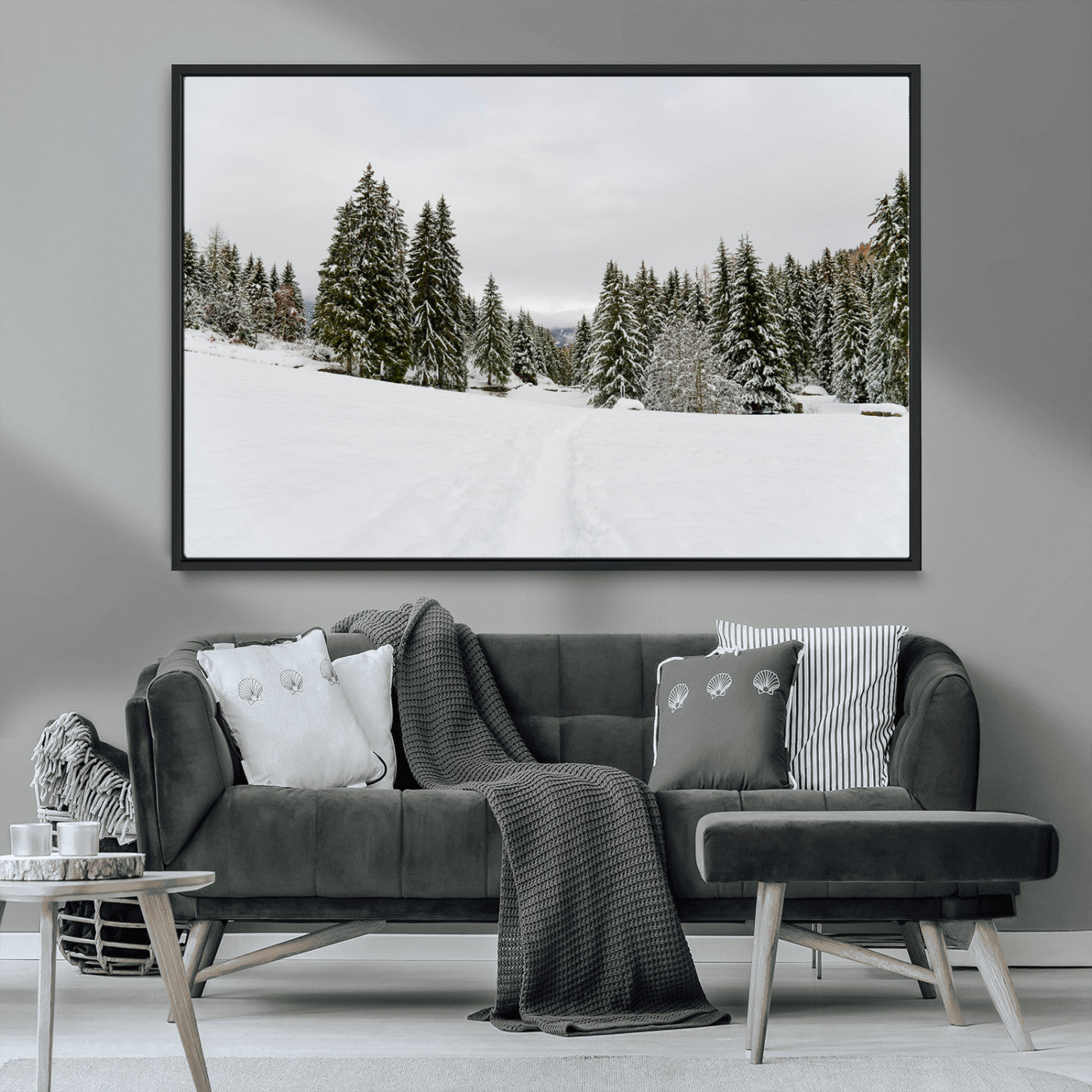 24581417-MGV-CV-36X24-Frosty Pines Wall Art Canvas Print, Framed Silent Snowfall Art Picture Print, Cozy Cabin Vibes Perfect Nordic Minimalist Decor