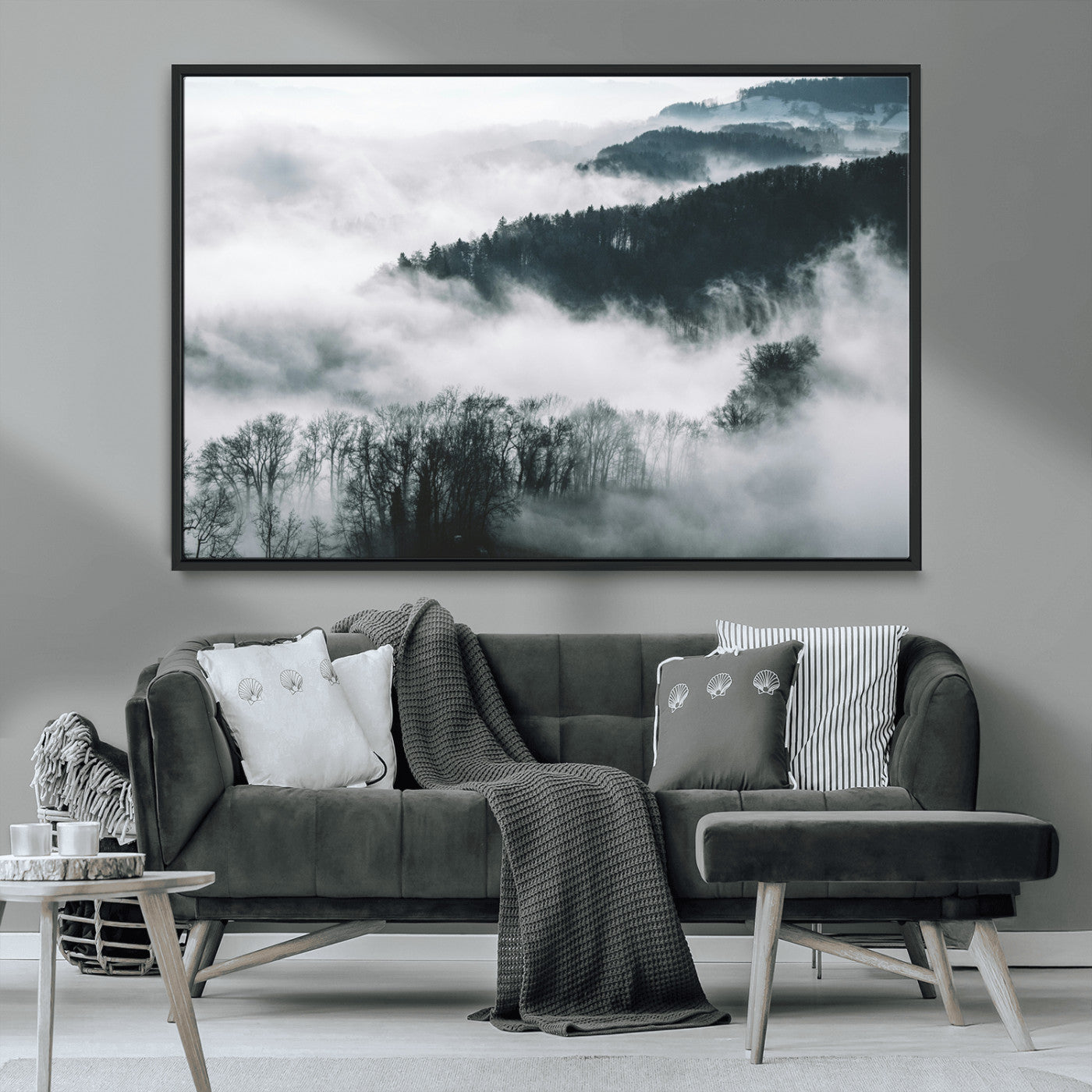 67569654-MGV-CV-36X24-Foggy Forest Wall Art – Mist Covered Hills and Trees Landscape Canvas Print, Moody Nature Photography Decor for Living Room,