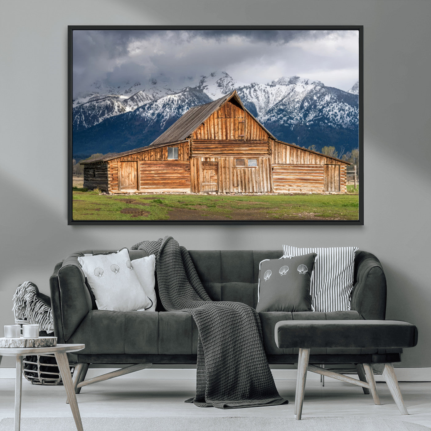 15173627-MGV-CV-36X24-Barn Wall Art – Rustic Wooden Cabin Canvas Print with Snowy Mountain Landscape, Western Farmhouse Country Decor for Living Room,