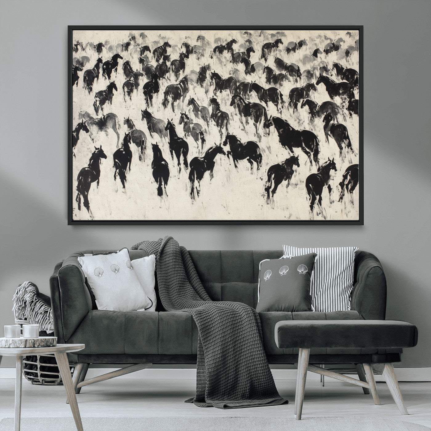 29265745-MGV-CV-36X24-Wild Horse Herd Wall Art – Black and White Galloping Horses Canvas Print, Rustic Western Farmhouse Décor for Living Room, Bedroom,