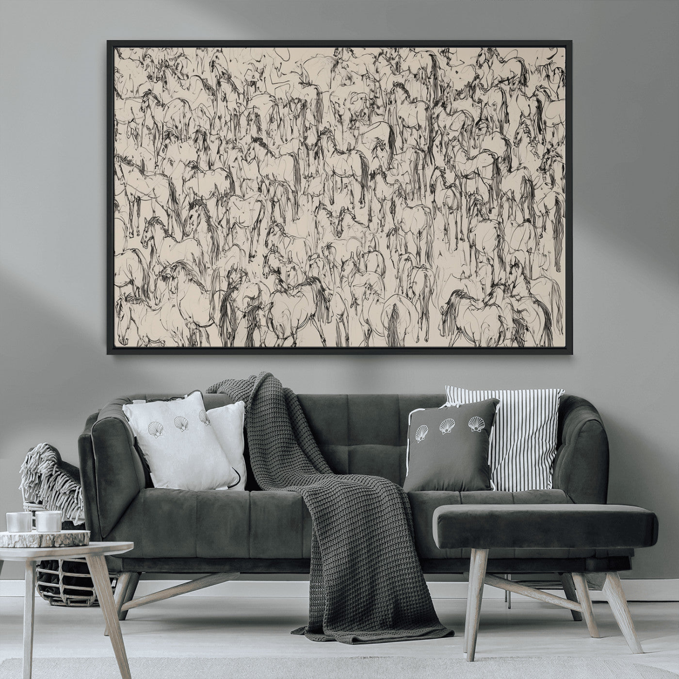 12358908-MGV-CV-36X24-Horse Herd Sketch Wall Art – Abstract Wild Horses Line Drawing Canvas Print, Rustic Western Style Equestrian Decor for Living